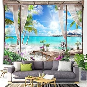 QCWN Beach Decor Tapestry, Ocean Sea Tropical Island Palm Tree Scenic View From Balcony Summer Tropical Scenery Wall… 61N6Xe1sujL. SS280