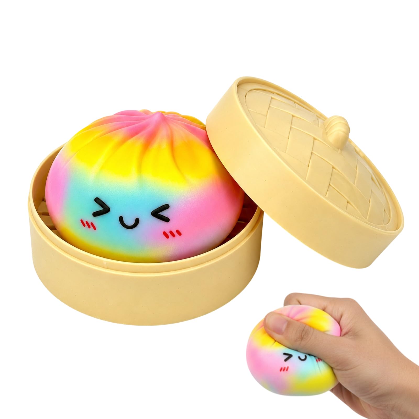 Rainbow Dumpling Squishy, Stress Relief Fidgets for Office Breaks and Study Sessions, Fidget Squishy with Steamer, Squishy Stress Ball for Commuting and Sensory Activities (C)