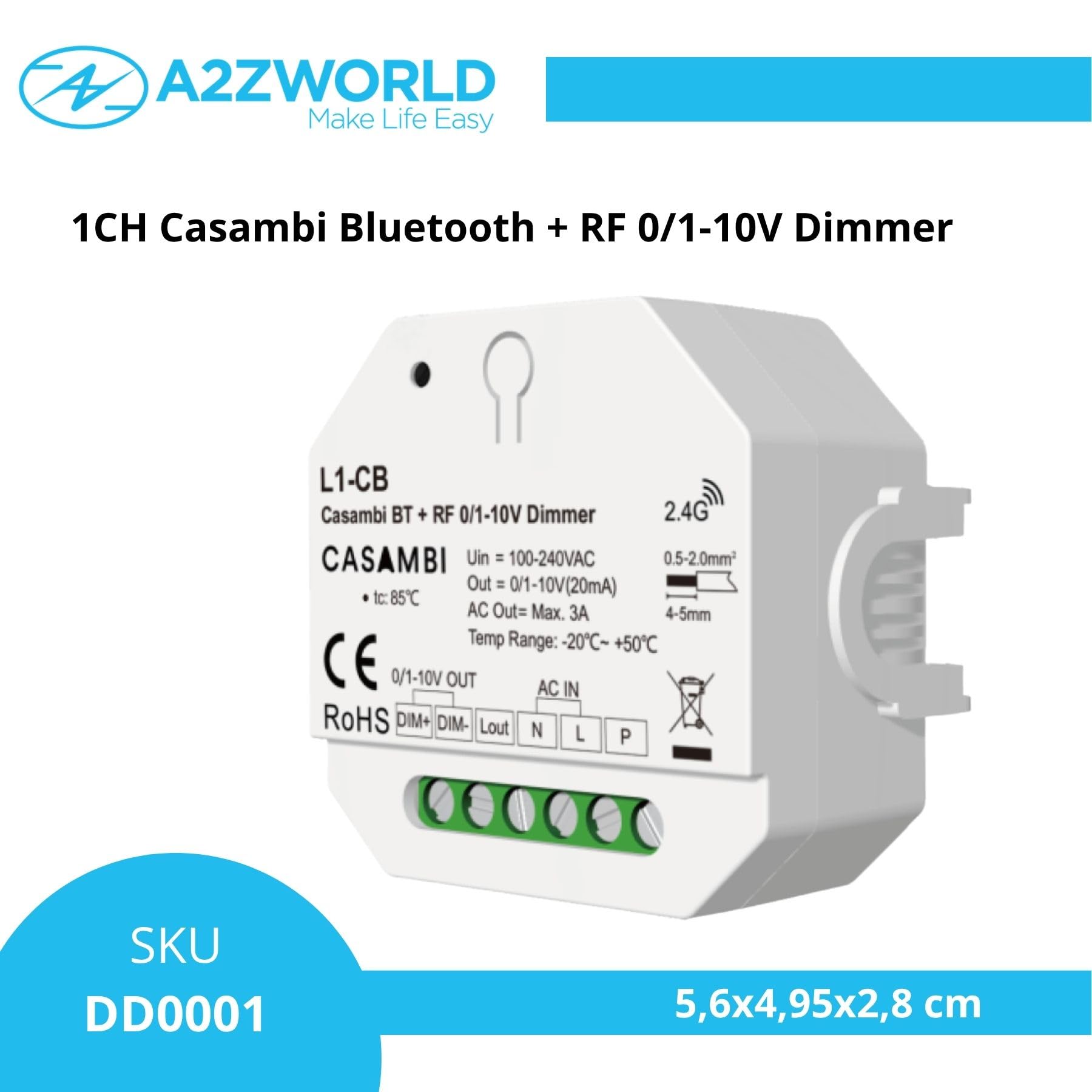 Led Dimmer Bluetooth Casambi 0-10V 1-10V, RF 2.4GHz e Pulsante NO, Push Dim, Relè AC Integrato 3A, Input AC220V, per Driver LED Dimmerabili 0/1-10V, Compatto da Scatola Incasso o Derivazione