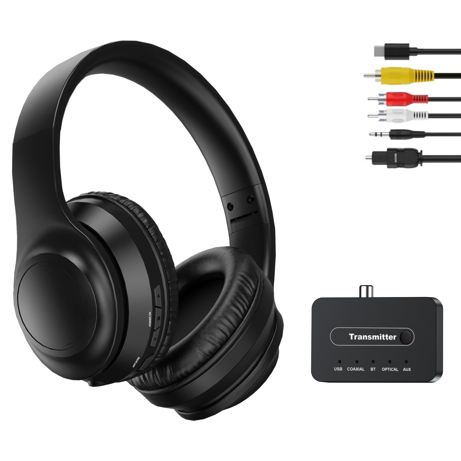 Auriculares Inalámbricos ANC para TV, Auriculares Plegables para Viajar, Audífonos con Transmisor Bluetooth, Compatibles con Salidas Óptica (Toslink)/Coaxial/RCA/AUX 3,5 mm/USB