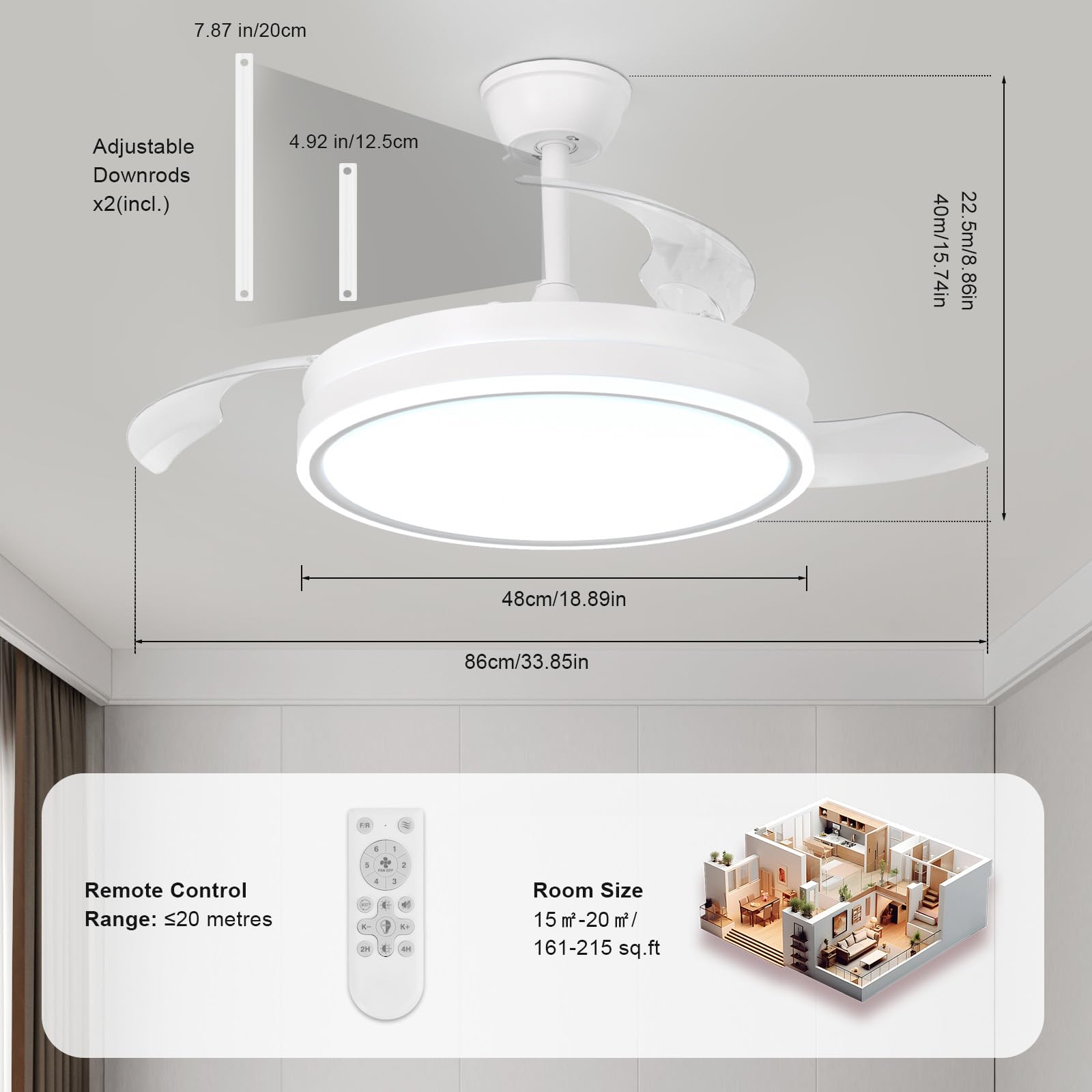 Dorlink Wysuwany wentylator sufitowy z oświetleniem, bezstopniowo ściemniany pilot LED, nowoczesny wentylator do salonu/sypialni, kuchni, 3000-6500 K, 6 prędkości
