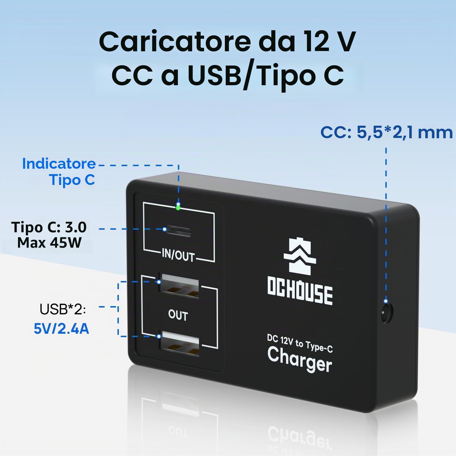 DCHOUSE Batteria Litio 12V 12Ah con Caricatore USB Multi-Porta 2 in 1 | BMS 15A Protezione, Convertitore 12V per Fish Finder, Campeggio, Radioamatori, Power Wheels, RV