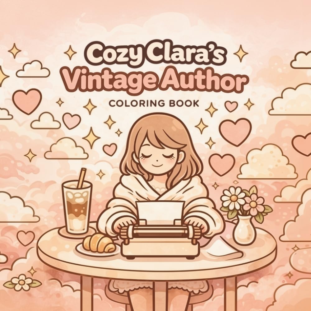 Cozy Clara's Vintage Author Coloring Book: Cozy Girls Coloring Book with Vintage Typewriters, an Aesthetic Coffee Shop & Library with Flowers, and Peaceful Outdoor Moments