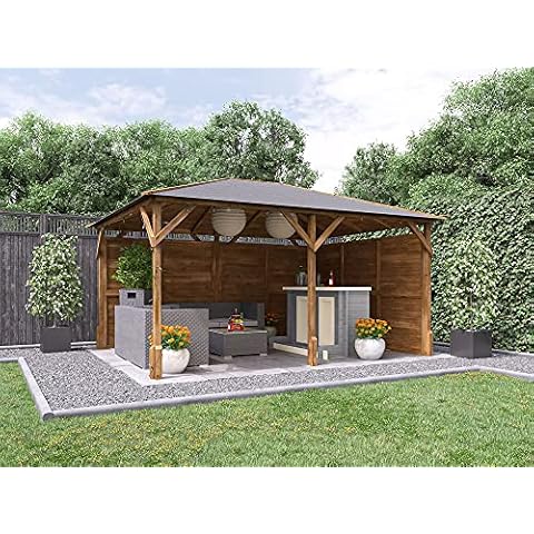 Garden Bar Gazebo Wooden Heavy Duty Pressure Treated Shelter With Black Roof Shingles, Log Bar and Two Side Panels Included Utopia W4.2m x D3.2m Cover