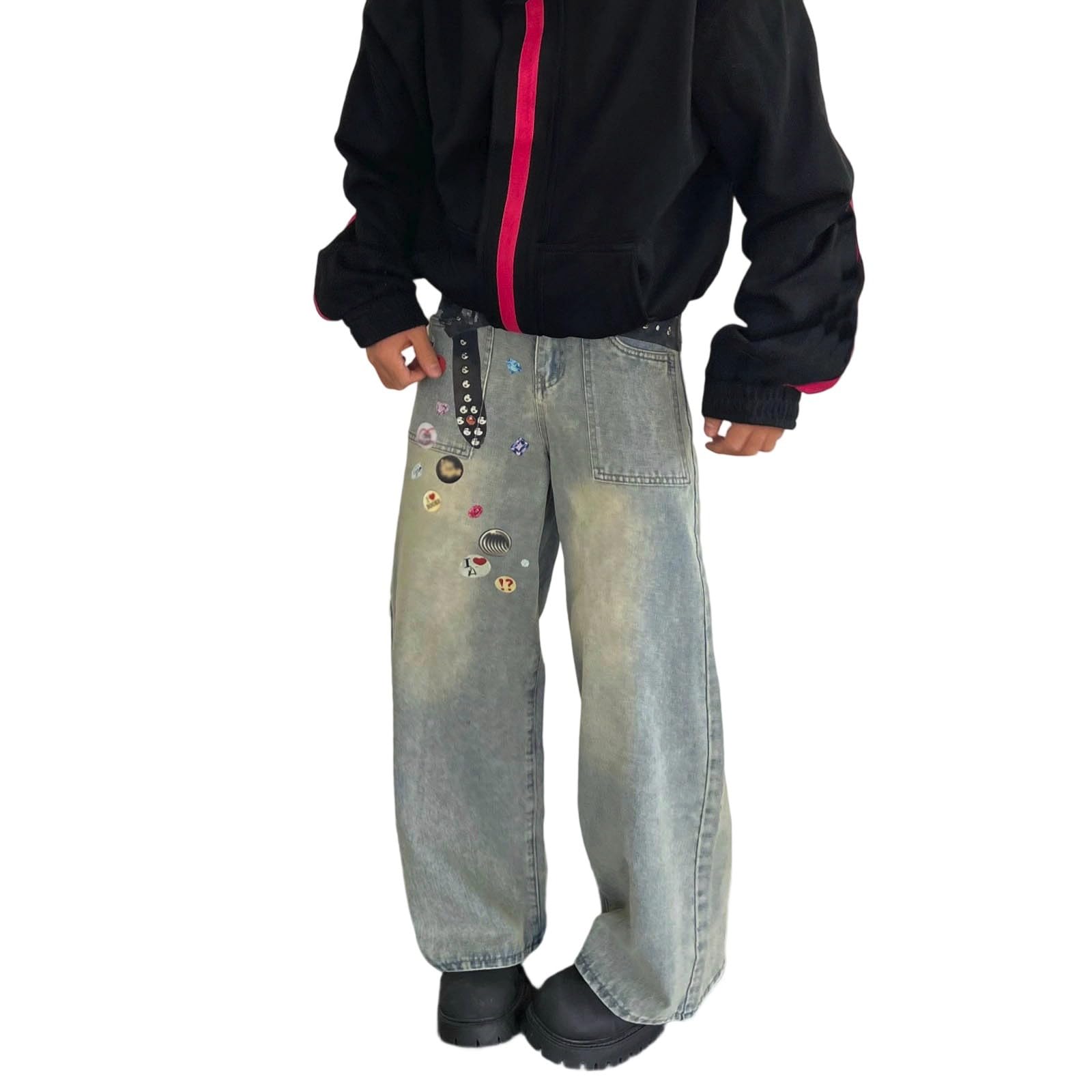 Generico Jeans Baggy Zampa Invernali Pantaloni Y2K Loose Uomo Balloon Larghi Elefante Moto Slim Strappati Fit Salopette Cargo Jins