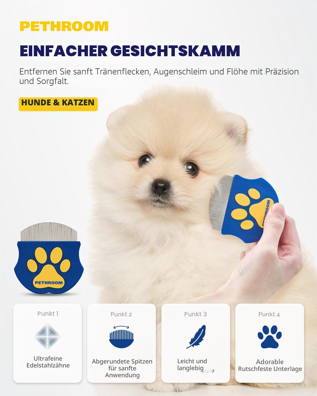 Professioneller Augenkamm für Haustiere, Edelstahl, Tränenfleckenentferner für Katzen und Hunde, sanftes Rundkopf-Pfleckenentferner, kompakt und tragbar zur Entfernung von Augenschreck