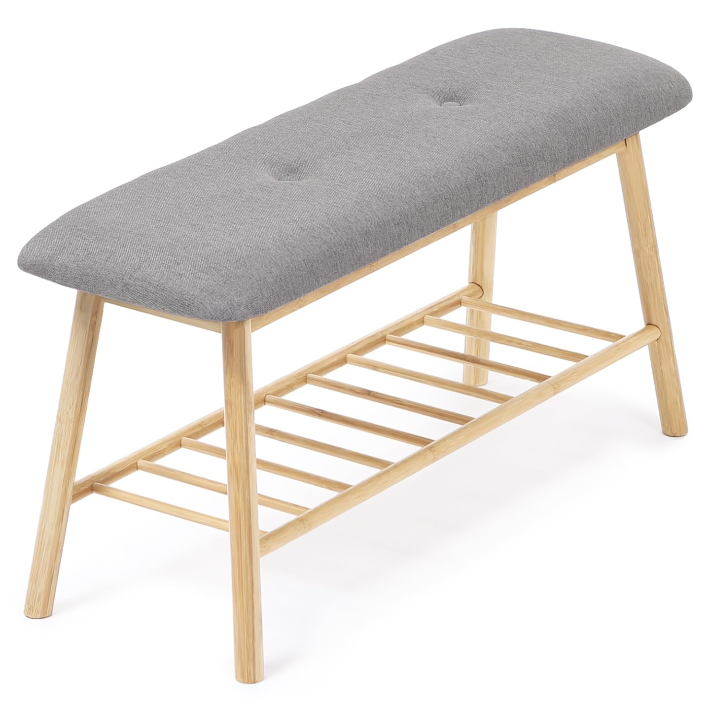 IDMarket - Banc d'entrée capitonné Bambou Rita Tissu Gris Clair