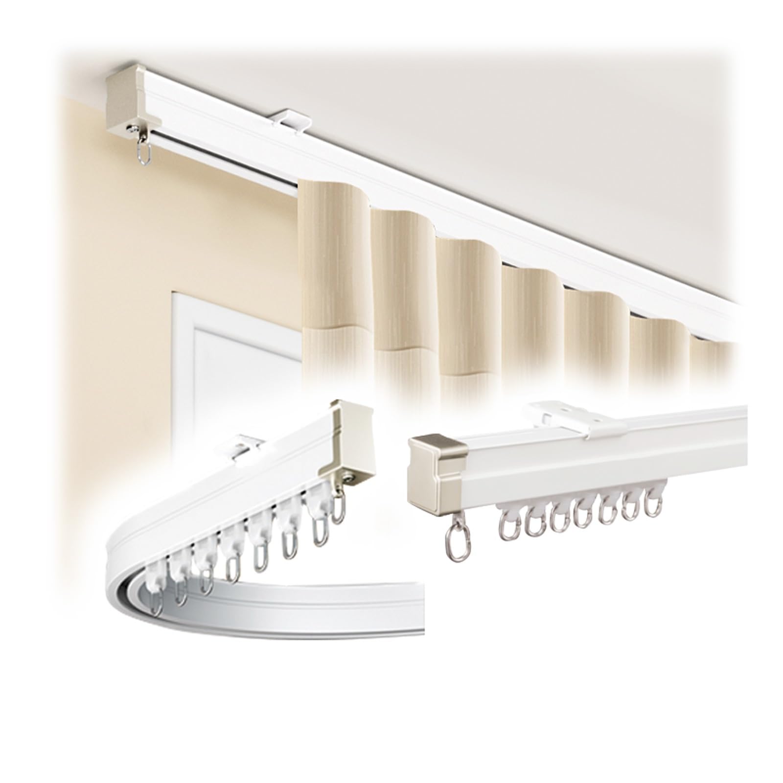 Bendable Curtain Track Sliding Curtain Rail Bay Window Flexible Curved Curtain Rod for U Shape L Shape Curtains Room Divider(White-top,600cm(4 * 150cm))