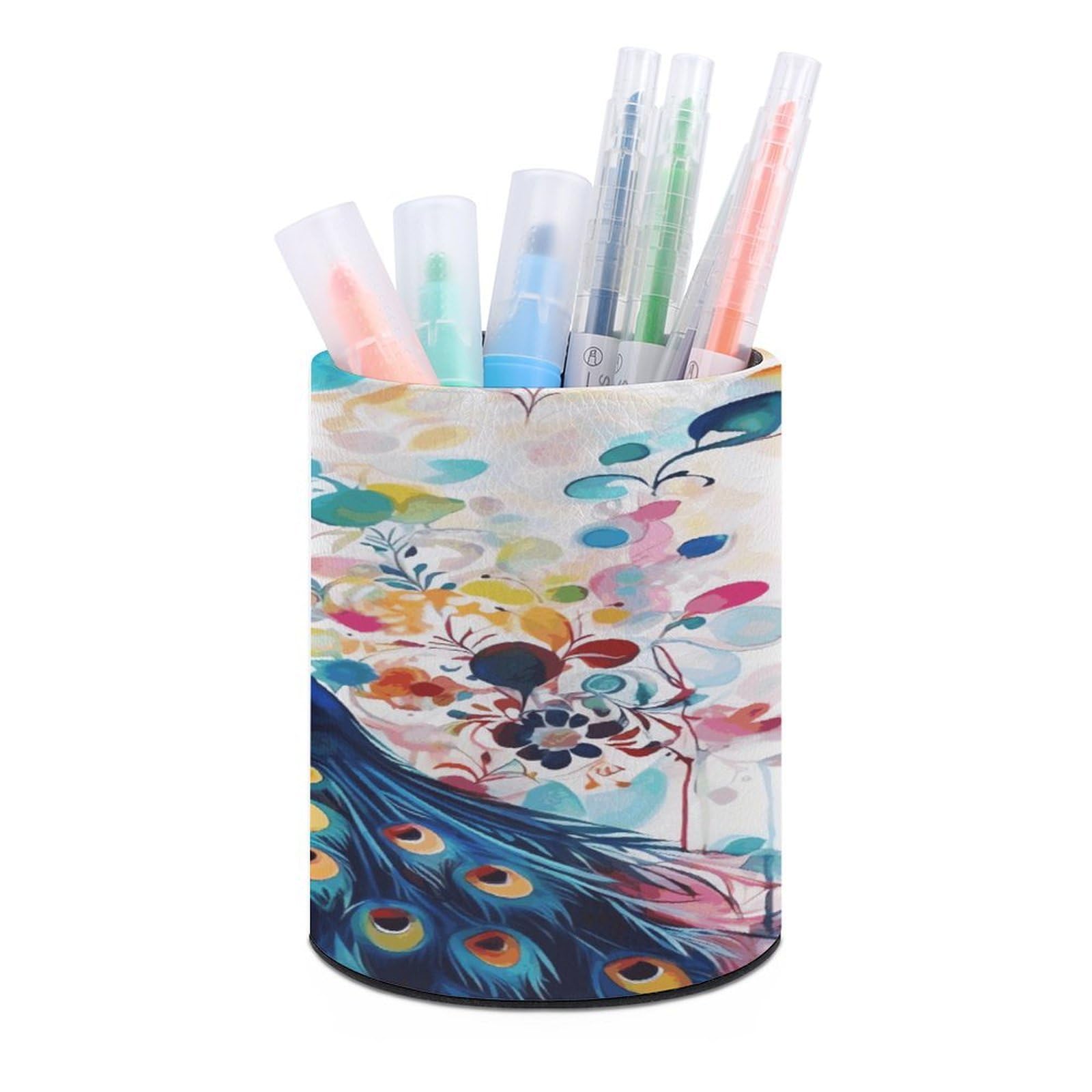 FekiLoot Color Peacock Pen Holder Cup Fashion PU Leather Pencil Cup Minimalist Pen Organizer Round Pencil Holder Stand Work Locker Accessories for Decoration Desk Office Home