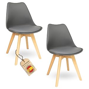 Sillas de Comedor Nórdicas con Respaldo Ergonómico con Material PU y Patas con 2,8cm de Anchura | Sillas de Cocina con Madera de Haya Maciza (2 Sillas Grises)