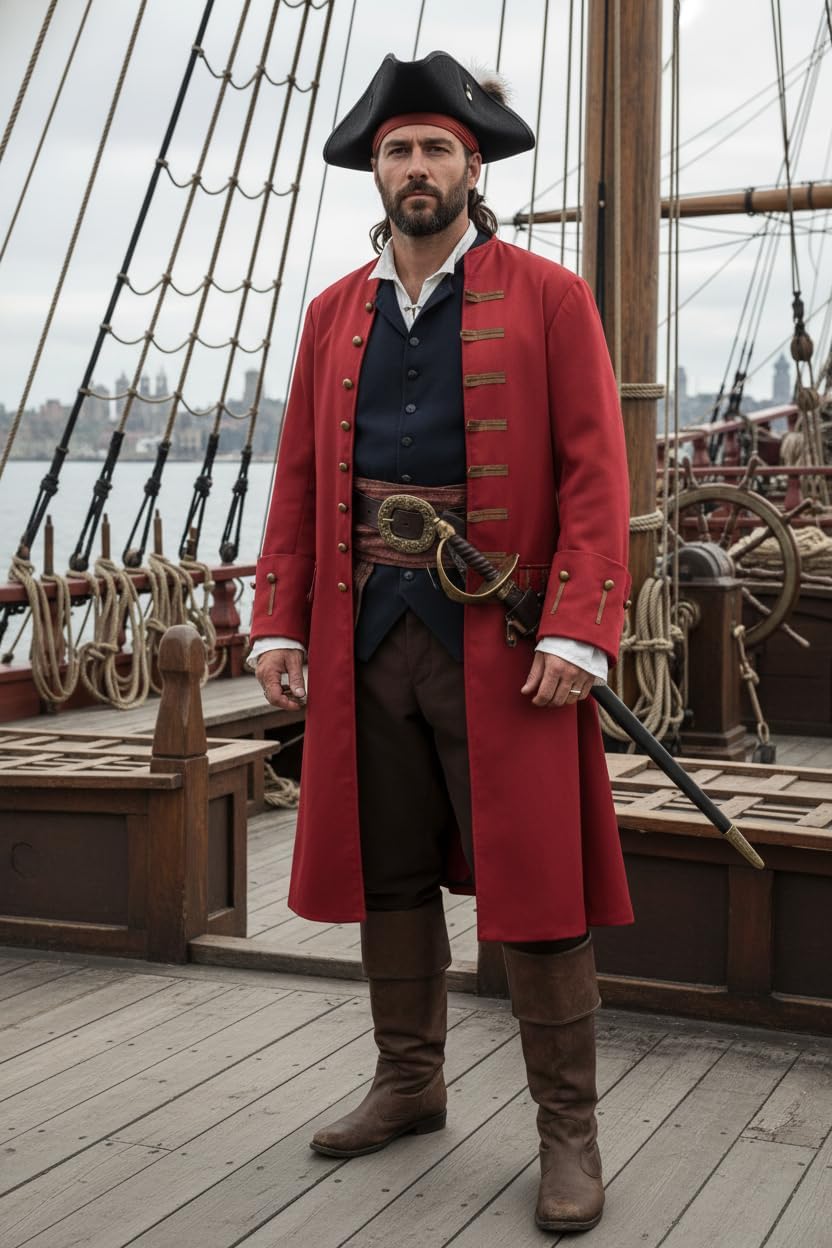 Men Pirate Captain Costume for Adult Medieval Jacket Victorian 18th Steampunk Coat Halloween Cosplay