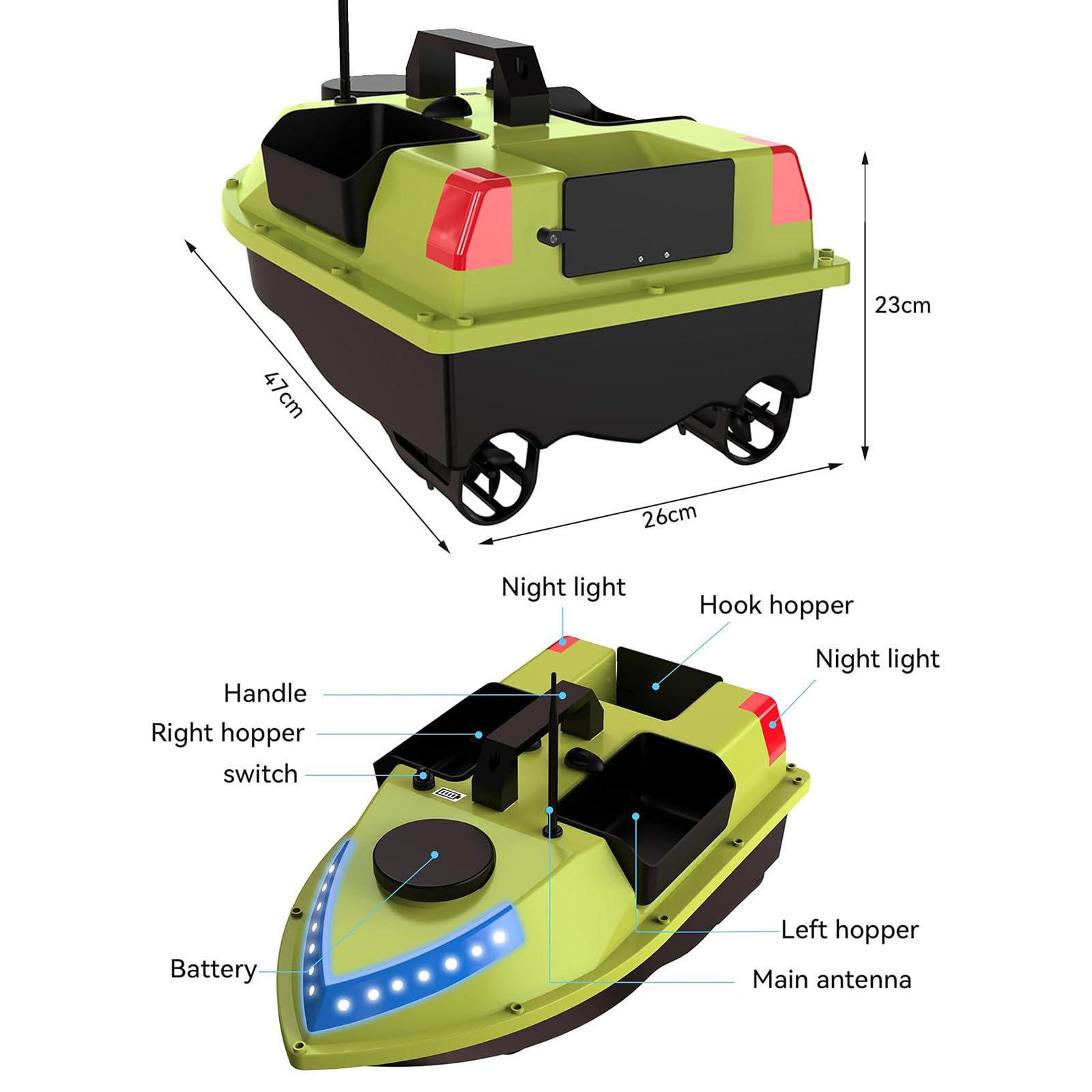 łódka Zanętowa, GPS RC łódka Zanętowa z Pilotem 600 m, ładowność 2 kg, Bateria Litowa 12000 mAh, z Lampką Nocną LED
