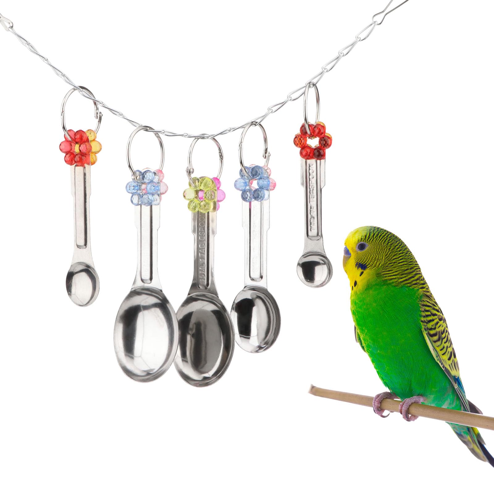 Hypeety Stainless Steel Bird Bell Toys Heavy Duty Hanging Spoons Rings Safe Metal Cage Hanging Bells Toy for Cockatoos Macaws African Grey Large Parrots and Birds (5 Spoons)