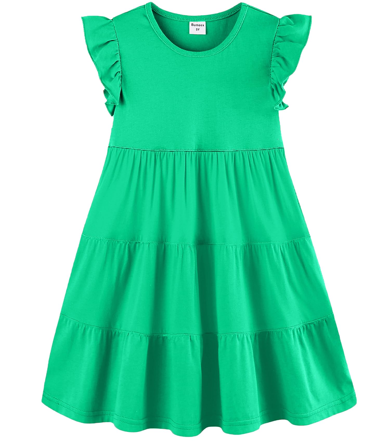 Bumeex Girl's Dresses Cotton Ruffle Sleeve Tiered Swing A-Line Cute Midi Casual Sundress