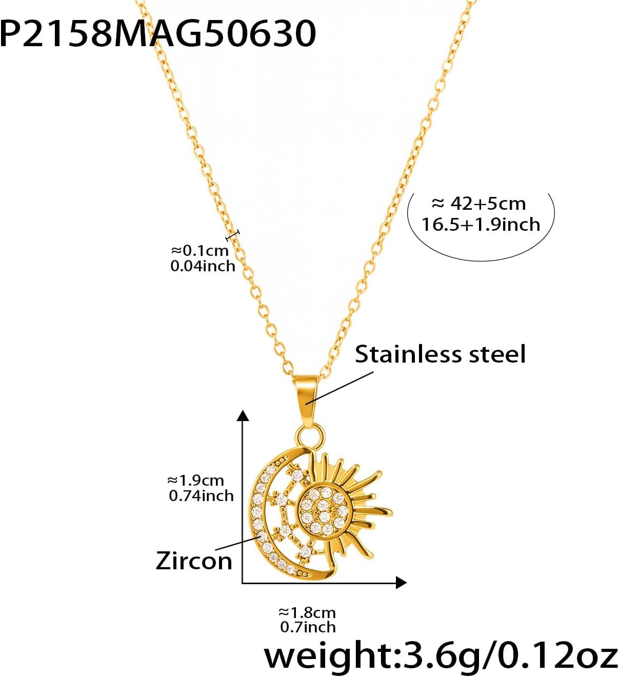 Gold Sun and Moon Pendant Necklace for Women, Cubic Zirconia Celestial Jewelry, Stainless Steel Chain Gift - Image 7