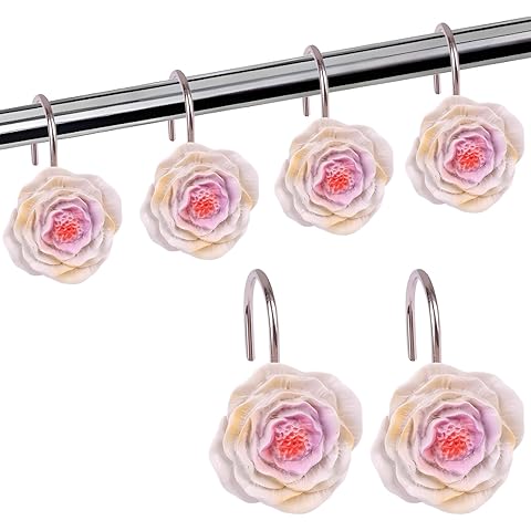 Decorative Shower Curtain Hooks 12PCS Resin Rose Curtain Hooks Shower Curtain Hange...