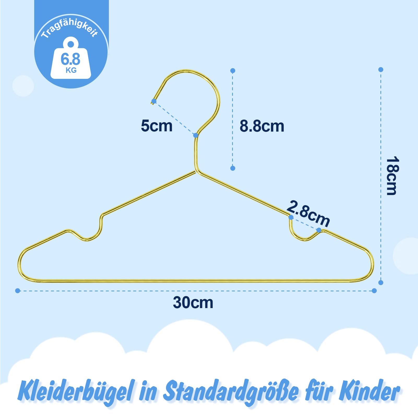 SPECILITE Kinder/Baby Metall Kleiderbügel, Gold 30 Stück(30 cm Breit), Stabile Bügel Metalldraht, für Babykleidung, Kleiderschrank, Garderobe, Platzsparend, mit Einkerbung