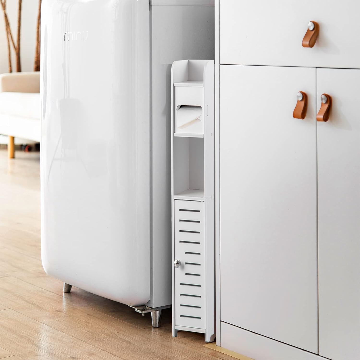 Armadietto da pavimento, autoportante in PVC bianco con ripiano, organizer per fazzoletti da bagno, colonna con porta rotolo di carta igienica, armadio autoportante