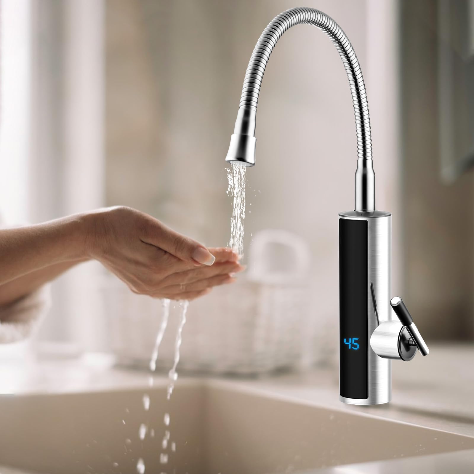 3000 W Durchlauferhitzer Küchenarmatur, Elektrischer Heizhahn mit LCD-Temperaturanzeige, 360º drehbarer Schlauch Küchenarmatur, 304 Edelstahl Wasserhahn für Küche, Bad, Wohnwagen, Camping(Silber)