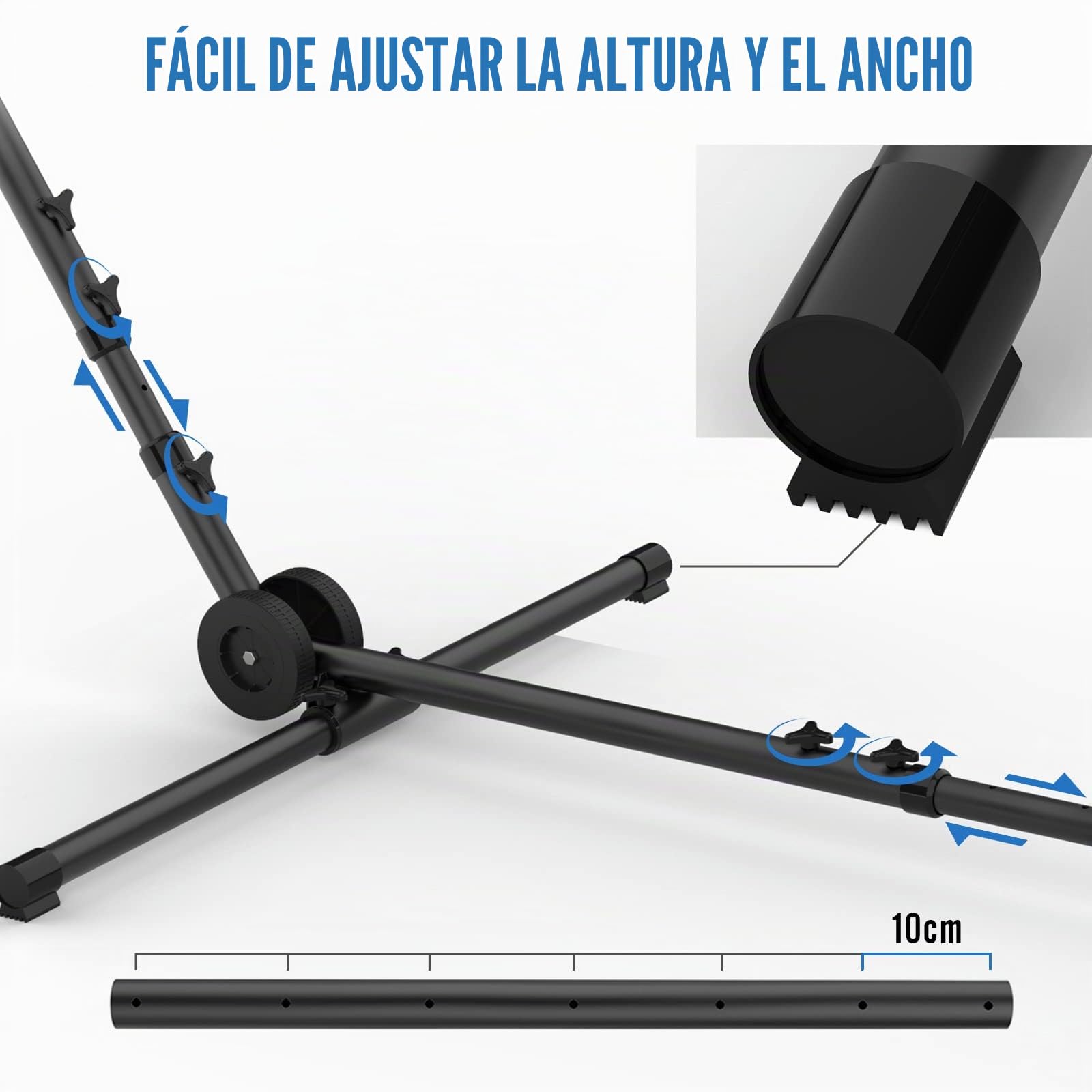 Todeco Soporte de Suelo para Hamaca Con Ruedas y Bolsa de transporte, Accesorios: Hamaca no incluida, Tamaño: 296-380 x 107-132 x 100 cm