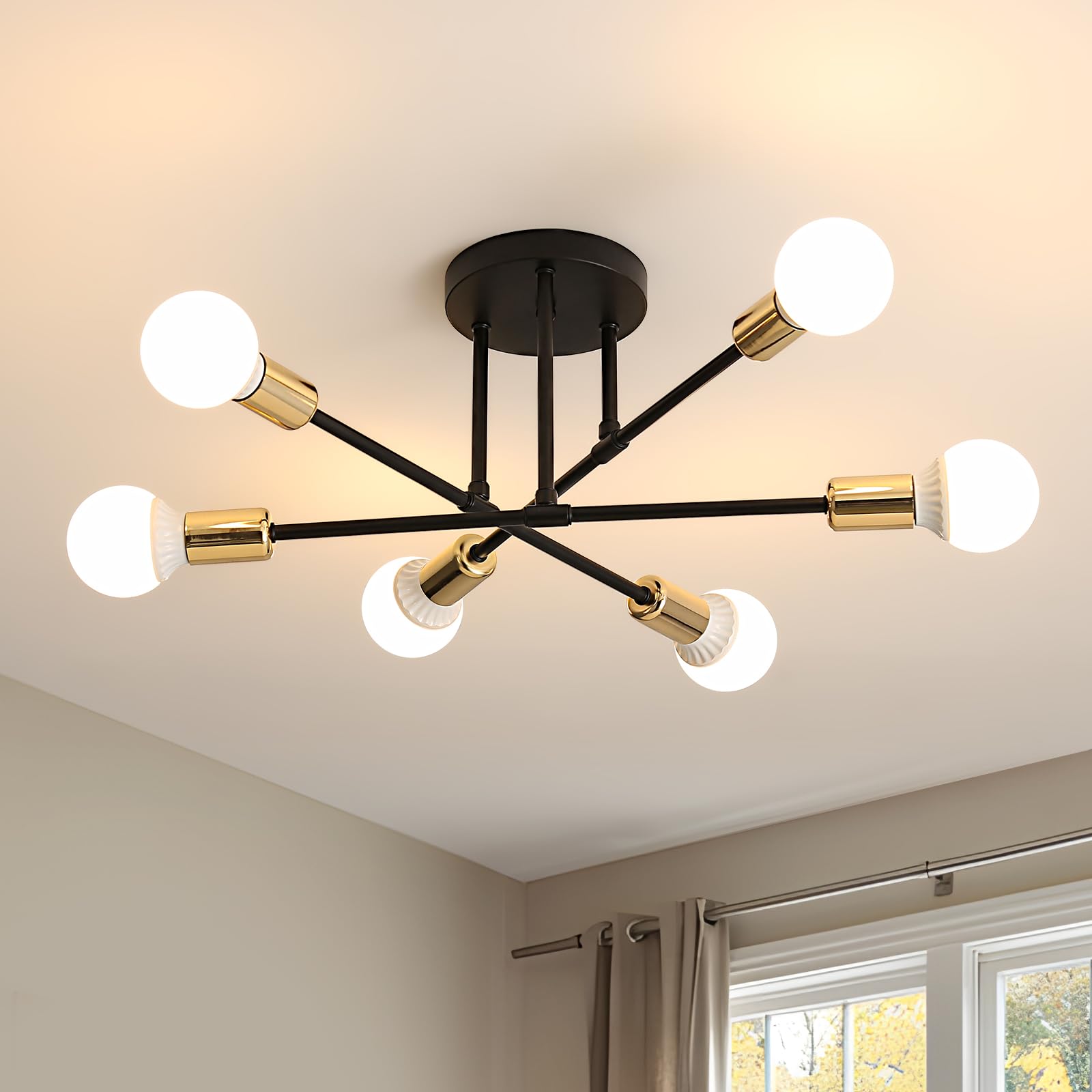 ComelyCeiling Light, 6 Lights E27 Modern Chandelier Ceiling Light, Semi-Flush Mount Ceiling Lamp Vintage Ceiling Lighting for Living Room, Bedroom, Kitchen