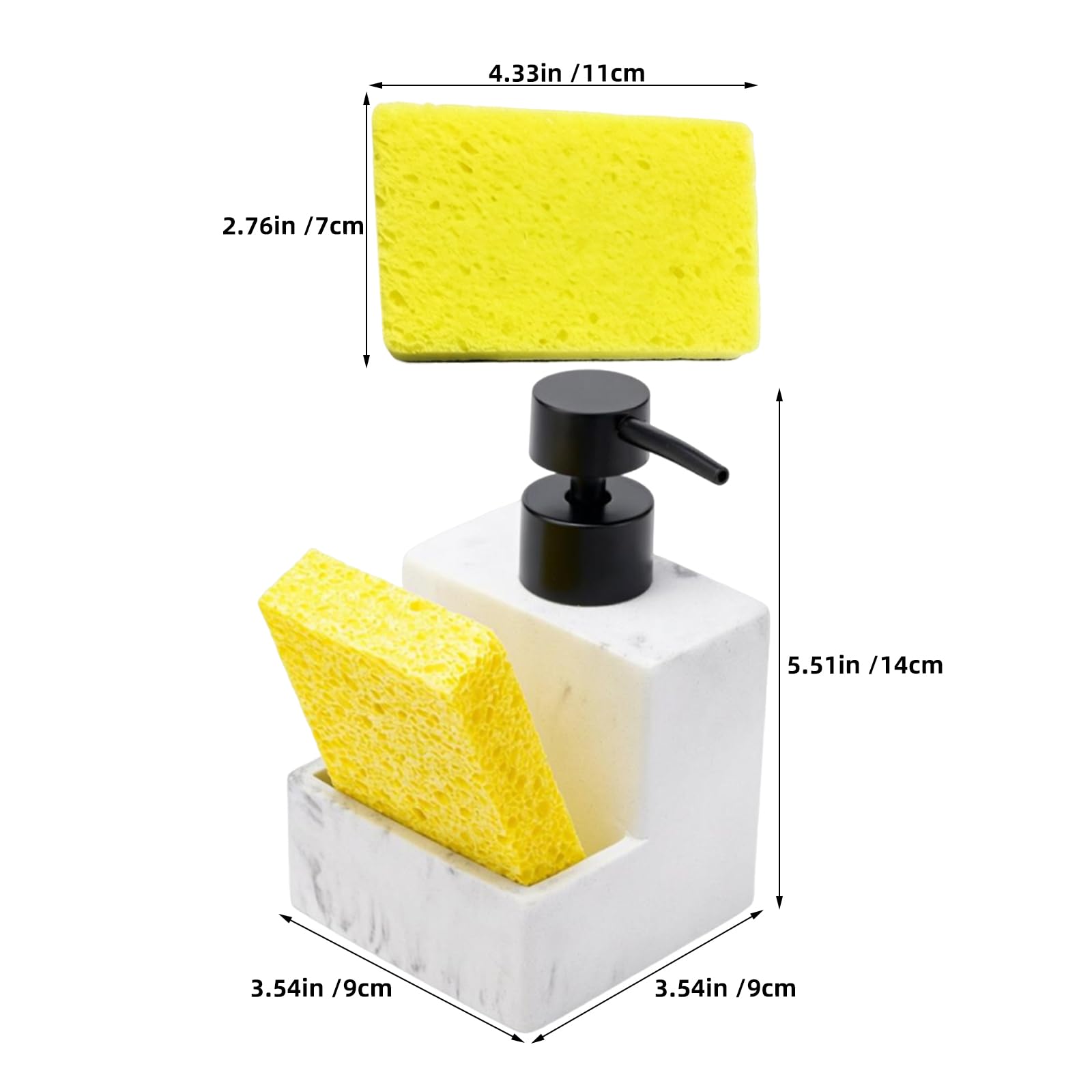 BESPORTBLE Dispenser di Sapone da Banco con Porta Spugna Integrato, Set di Dispenser per Detersivo da Cucina in Resina Effetto Marmo, Erogazione Precisa per Lavello Cucina e Bagno