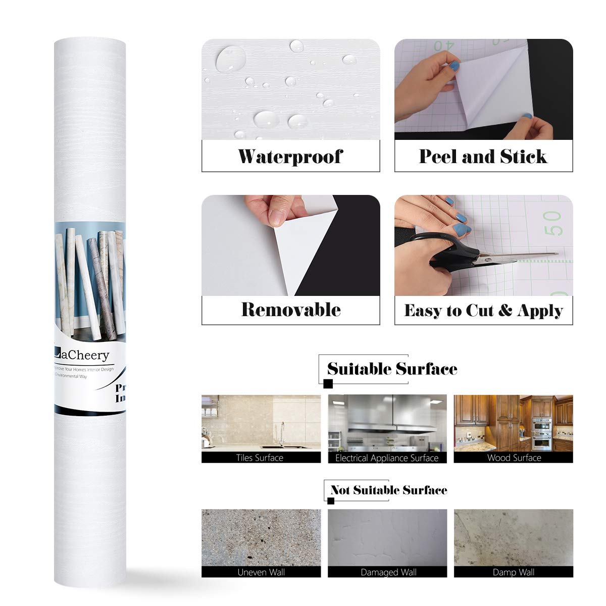 LaCheery Papel Adhesivo para Muebles Madera Clara Papel Pintado Baño Autoadhesivo 90cm x 400cm Gran Tamaño Vinilo Adhesivo Muebles Blanco Brillo Rollo Vinilo Autoadhesivo para Cocina Encimera Armario