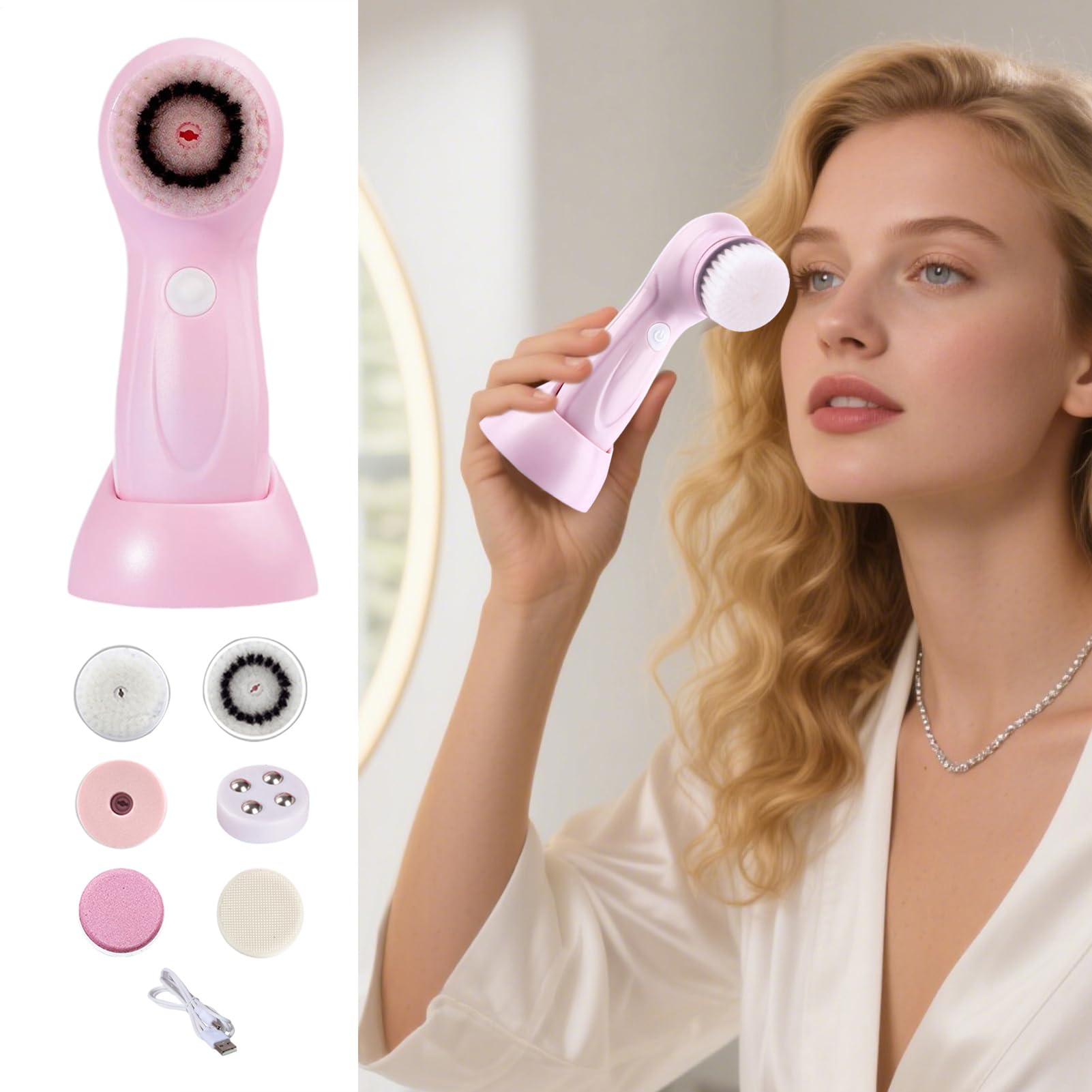 Limpiador facial – Limpieza de cepillo facial | Herramienta exfoliante facial con 6 cabezales de cepillo | de limpieza recargable para el cuidado de la piel limpia suavemente profundamente el
