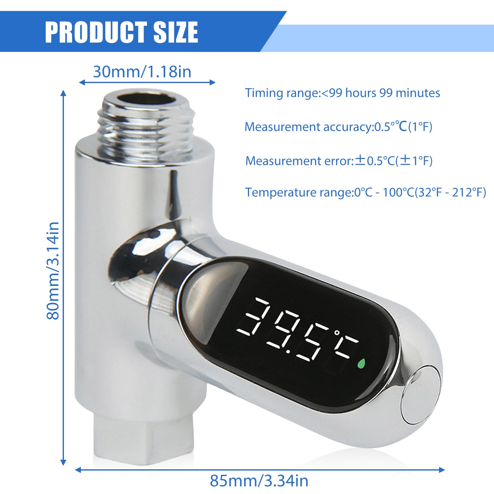BAIFULAI Thermomètre numérique LED pour la salle de bain, de 0 à 100 ℃, en temps réel, débit d'eau avec écran pivotant à 360°, pour enfants, douche, baignoire