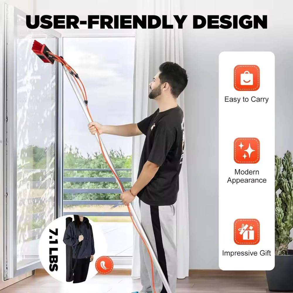 Perche Telescopique à Eau 10m avec Brosse Flexible 55cm | Tête Orientable à 180° | INCL. Flexible Antigel 20m et Accessoires,avec Sac de Rangement| pour Panneaux Solaires,Vitres,Camping-Cars,Bateaux