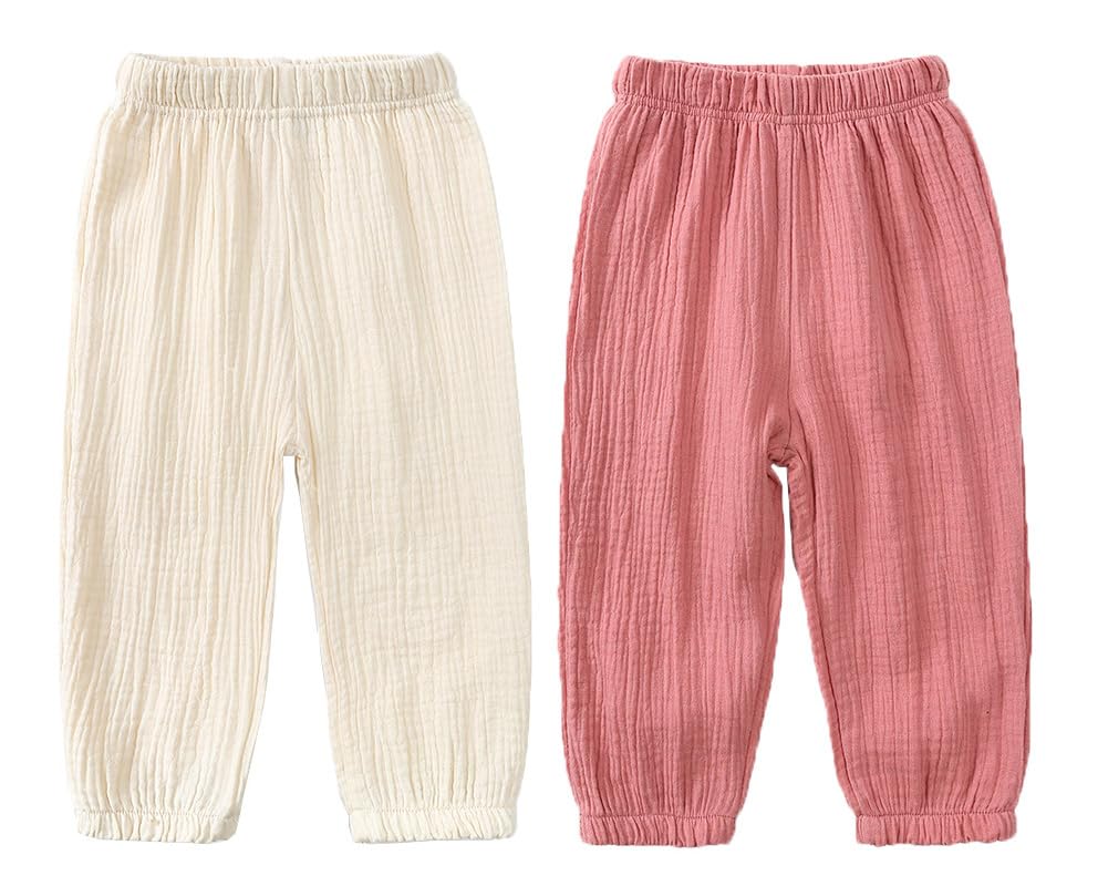Symunnia Toddler Baby Girls Boys Cute Solid Cotton Linen Harem Pants 2PCS Kids Casual Cotton Elastic Waist Bloomers Trousers(3-4T,BeigePink)
