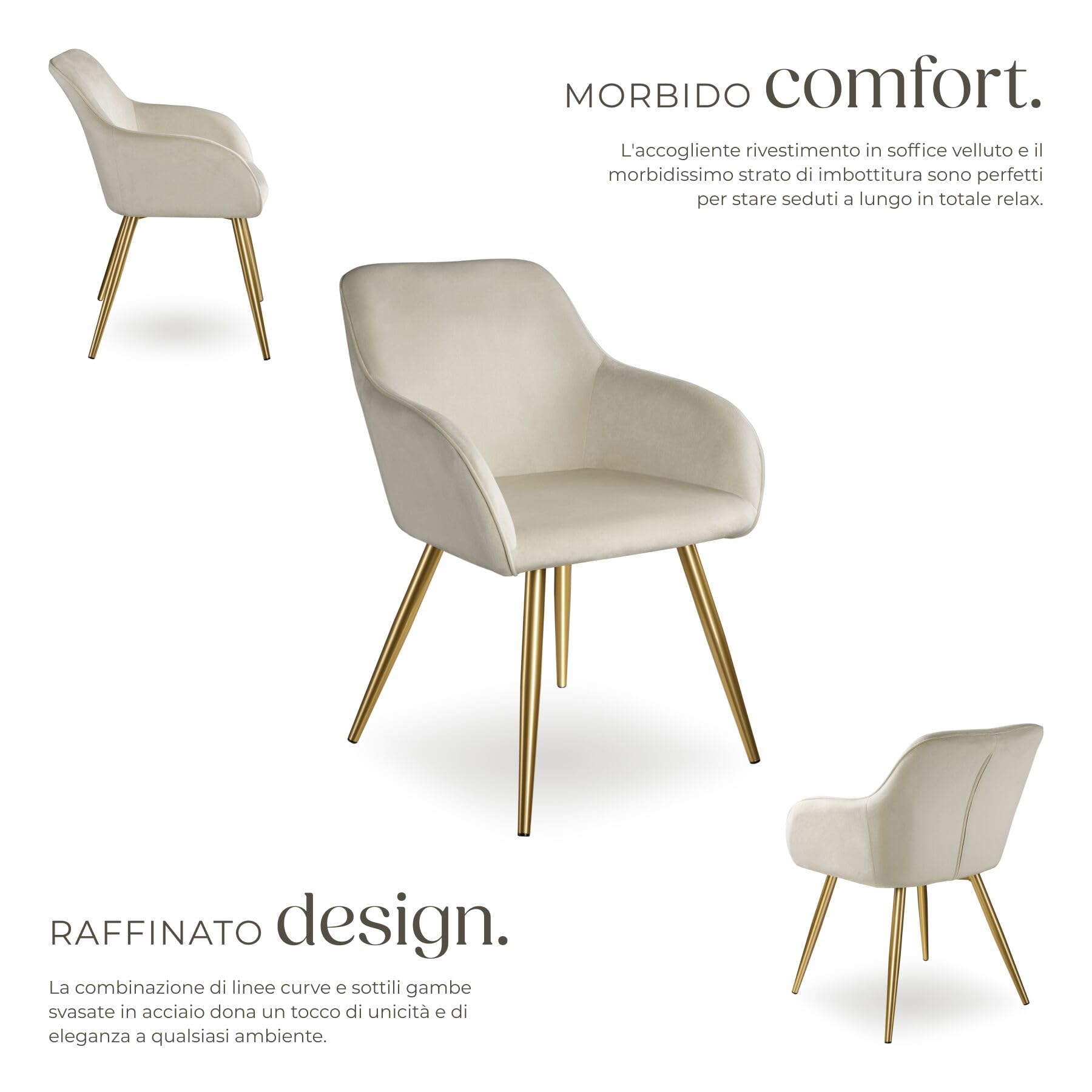 tectake® Set 2 Sedie Sala da Pranzo Effetto Velluto, Sedie Soggiorno con Morbida Imbottitura, Seduta Ergonomica, Poltrone Velluto Versatili, Sedie Design Moderno - Crema/Oro
