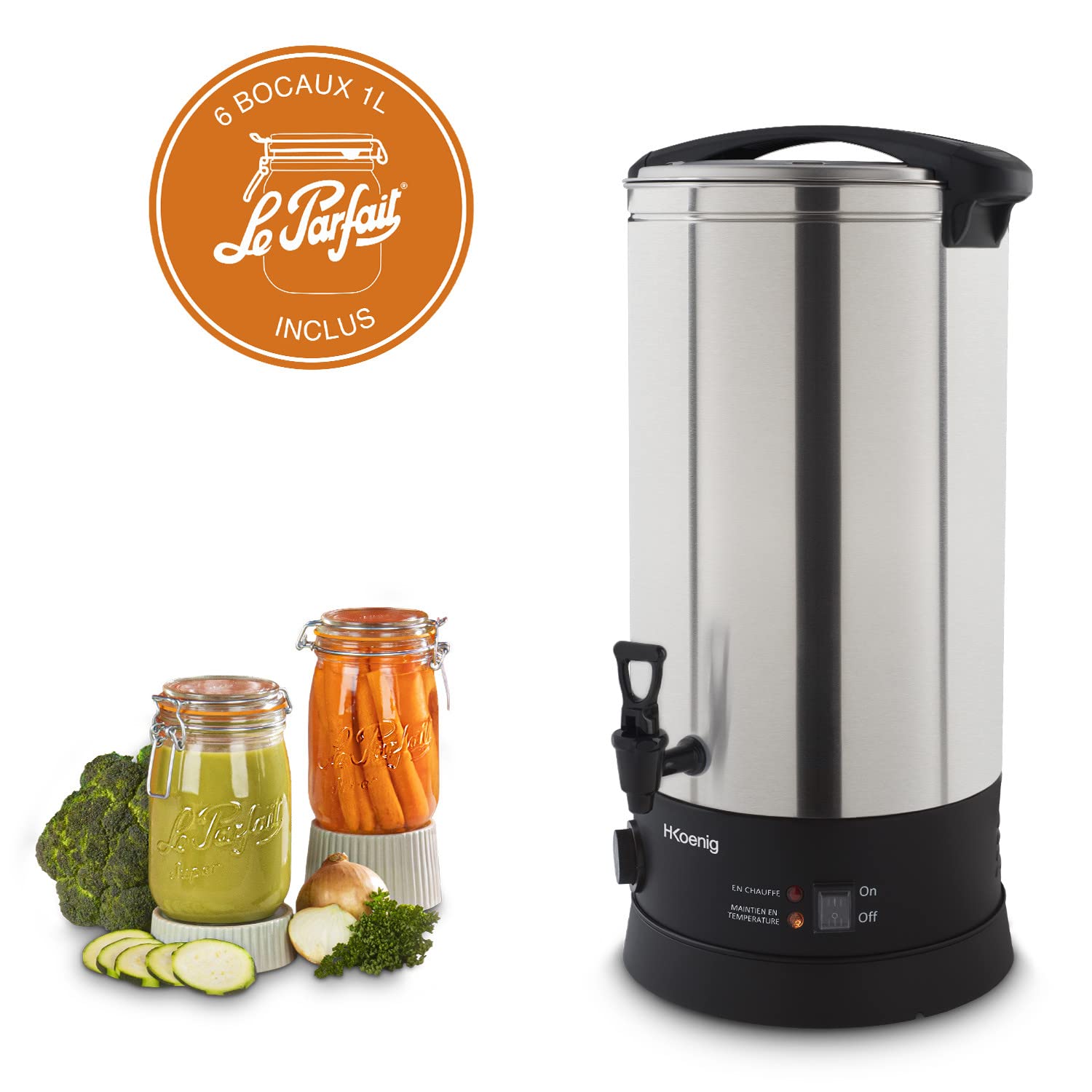 H.Koenig Stérilisateur Multifonction LEGI25, Stérilisateur de Bocaux et Préparation de Recettes chaudes, 25L, 30-110°C, Minuterie jusqu’à 120min, Acier Inoxydable, 2500W
