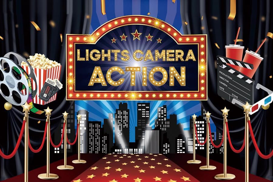 Pnylzzyxh Lights Camera Action Banner Backdrop Movie Theme Party Decorations Red Carpet Action Theater Photography Background Adults Kids Showing