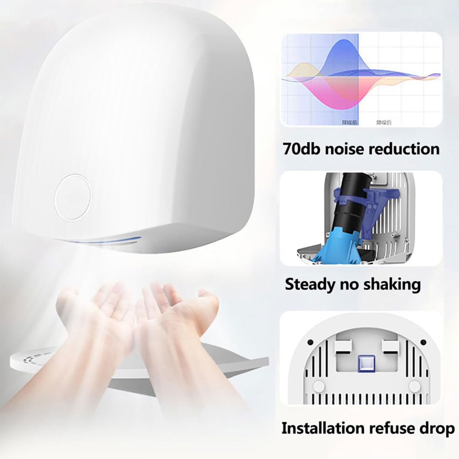 Secador De Manos Comercial 1200W Con Bandeja De Drenaje Secador Automático | Secador de Pared con Frío y Calor Ajustable, Indicador de Luz Azul y Estructura Antirrobo, Para Baño e Inodoro(black)