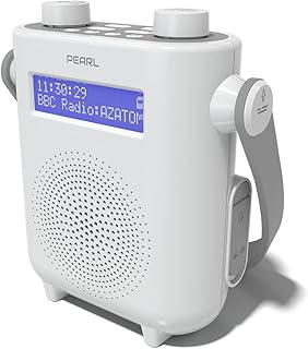 DAB DAB+ FM Radio Bathroom Shower, IPX5 Water Resistant Waterproof, Portable IPX5, Digital FM Radio & Wireless Bluetooth, Built-in Rechargeable Battery, 40 Presets, LED Display (AZATOM Pearl White)