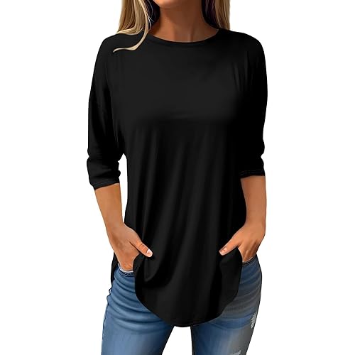 Women's 3/4 Sleeve Tops Casual Henley Summer Shirts Relaxed Fit Three Quarter Length Sleeve Printed Blouses