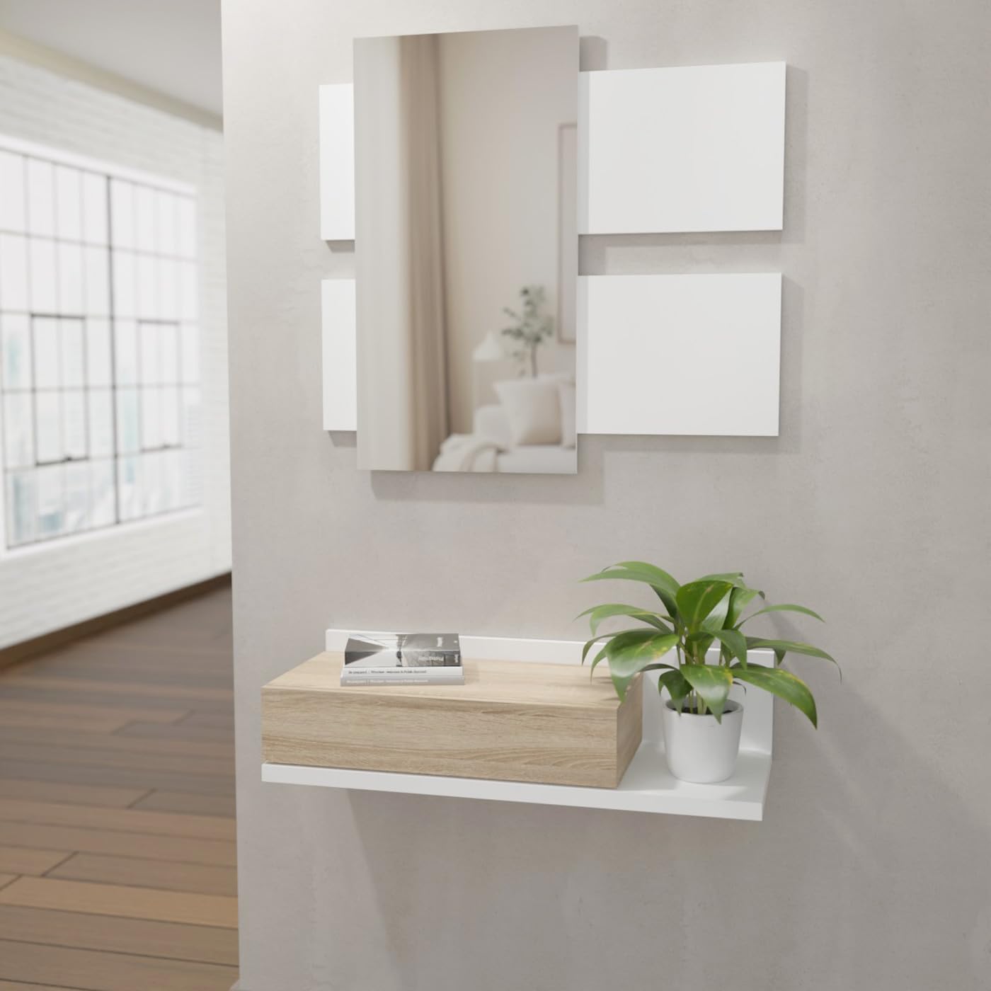 amuéblate online - Recibidor con cajón y Espejo, Mueble de Entrada, Modelo Cool, Acabado en Blanco-Roble, Medidas: 75 cm (Ancho) x 116 cm (Alto) x 29 cm (Fondo)