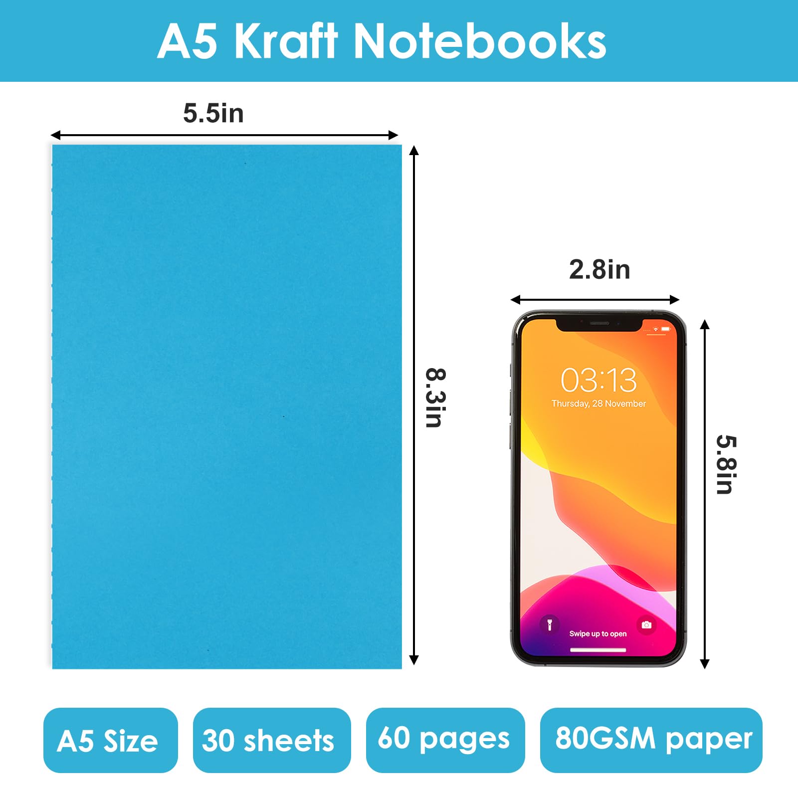 LABUK 48 cuadernos A5 a granel, 14 x 21 cm, diarios a granel, diarios rayados para escribir, oficina, escuela, 60 páginas, 18 colores