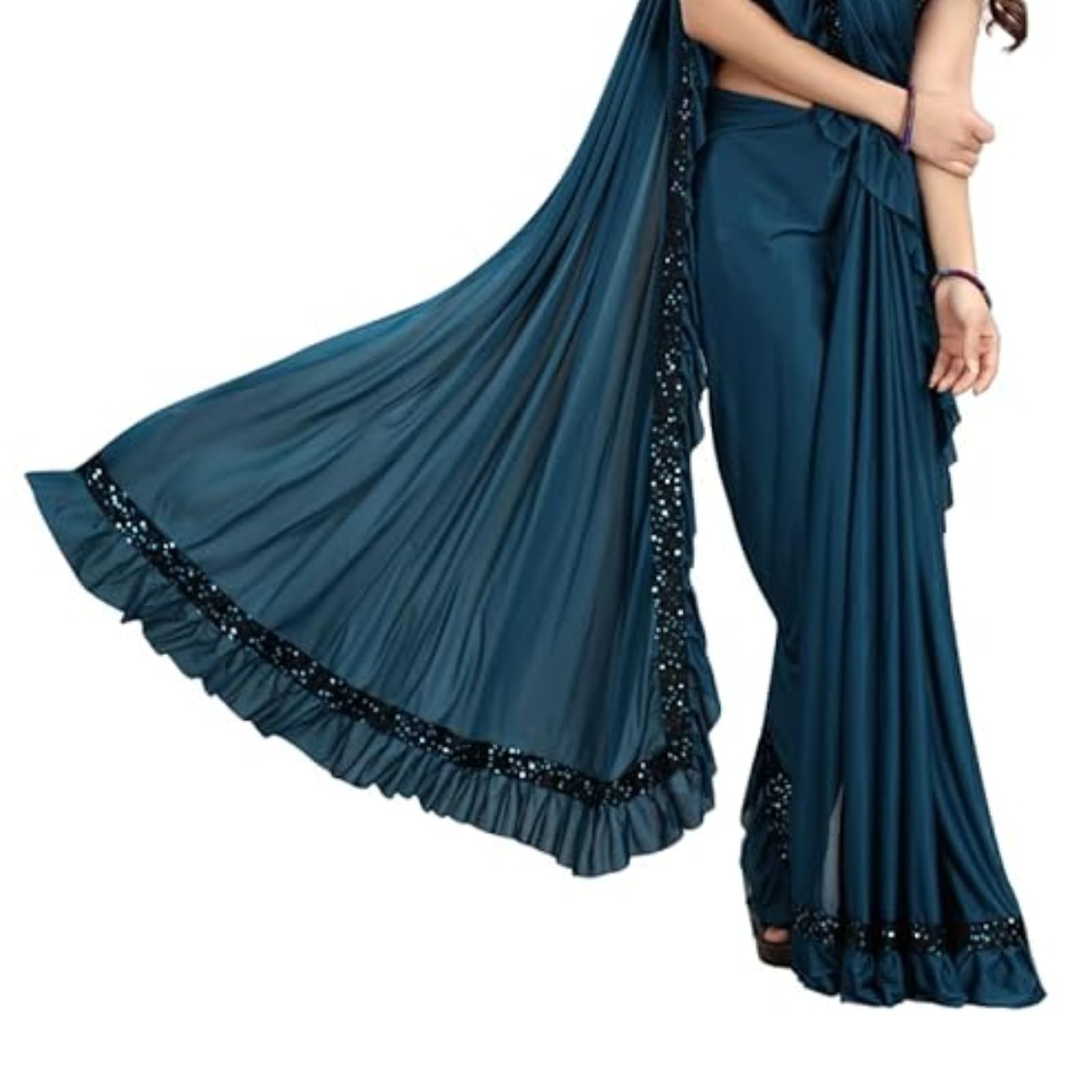 Dhyey fashion Fashionable Baby Girls Lycra Blend Saree with Velvet Unstitched Blouse Piece | Readymade Saree For Girls | Sarees For Girls | RTW Kids Teal Blue Saree 4-5 Years S - Image 7 thumbnail
