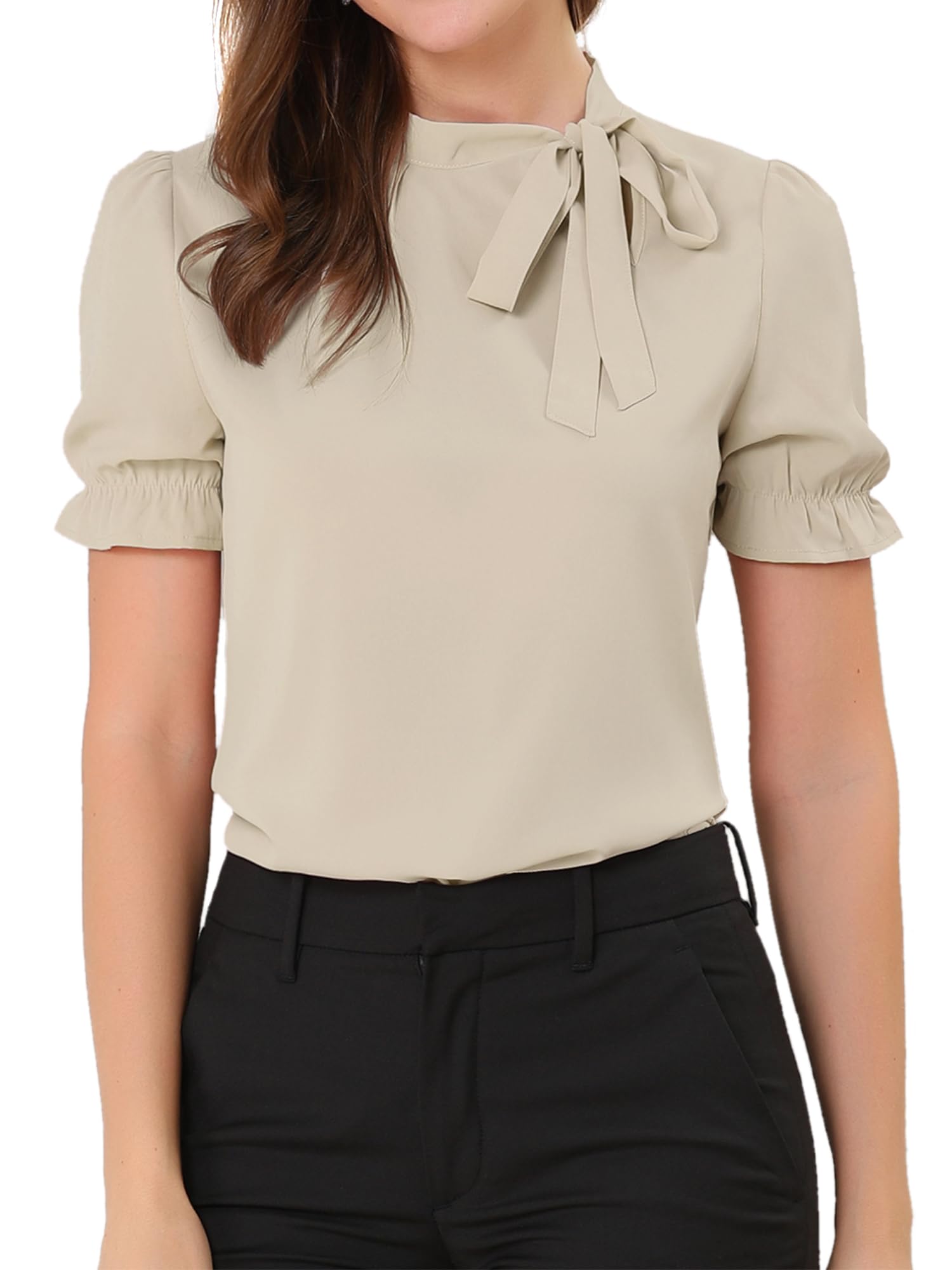 Allegra K Damen Sommer Elegant Bluse 50er Jahre mit Schleife Schluppenbluse Festliche Blusen Kurzarm Panel Fliege Hals Rüschen Top