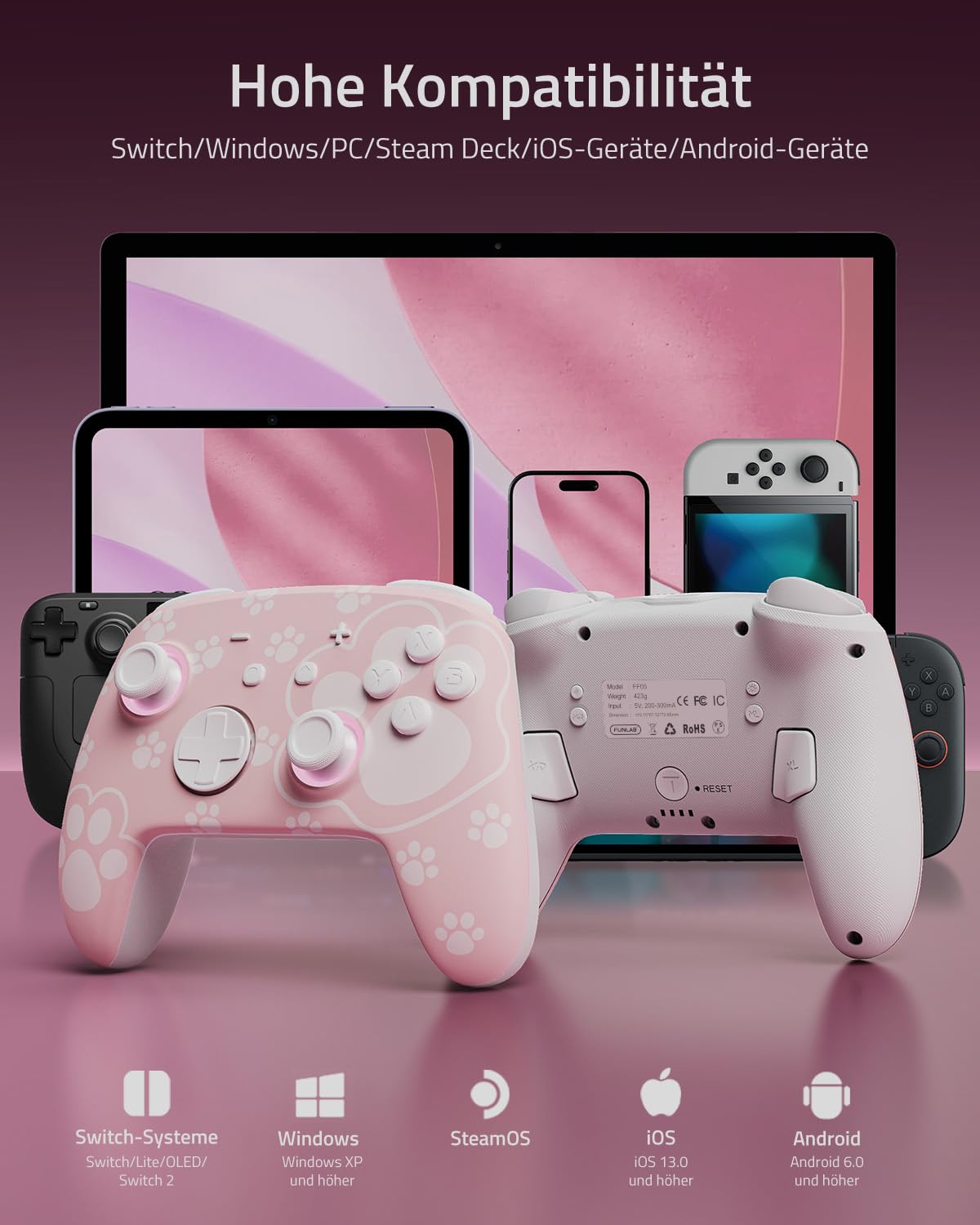[Motivo luminoso] Controller Switch Pro Wireless Compatibile con Switch/OLED/Lite, Firefly Controller Bluetooth con 7 Colori LED/Paddle/Turbo - Gatto Zampa Rosa
