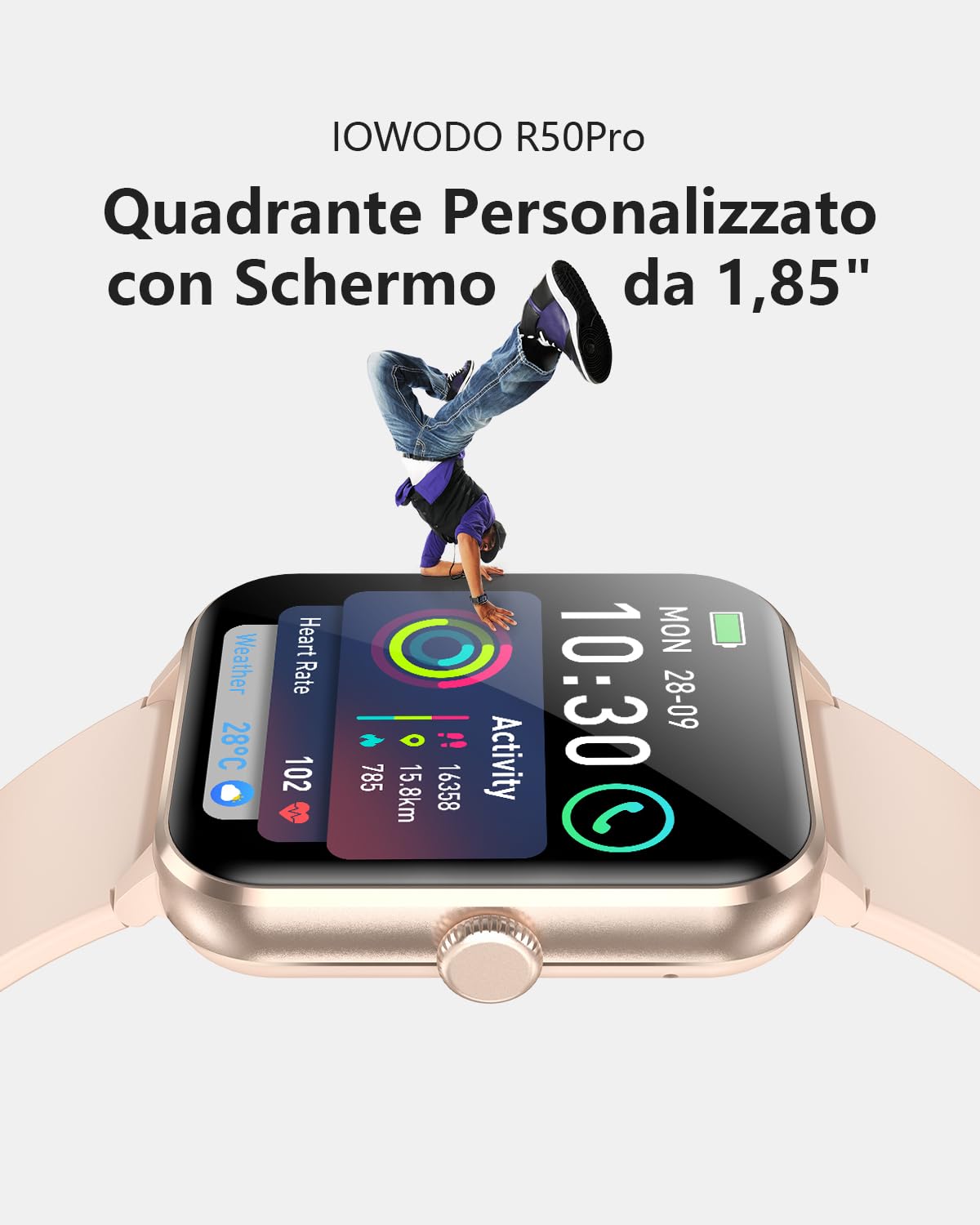 IOWODO Smartwatch Donna, 1.85” Orologio Intelligente Chiamate Bluetooth Fitness, 24H Cardiofrequenzimetro/SpO2/Sonno/Contapassi, IP68 Orologio Fitness Calcolatori per Android iOS