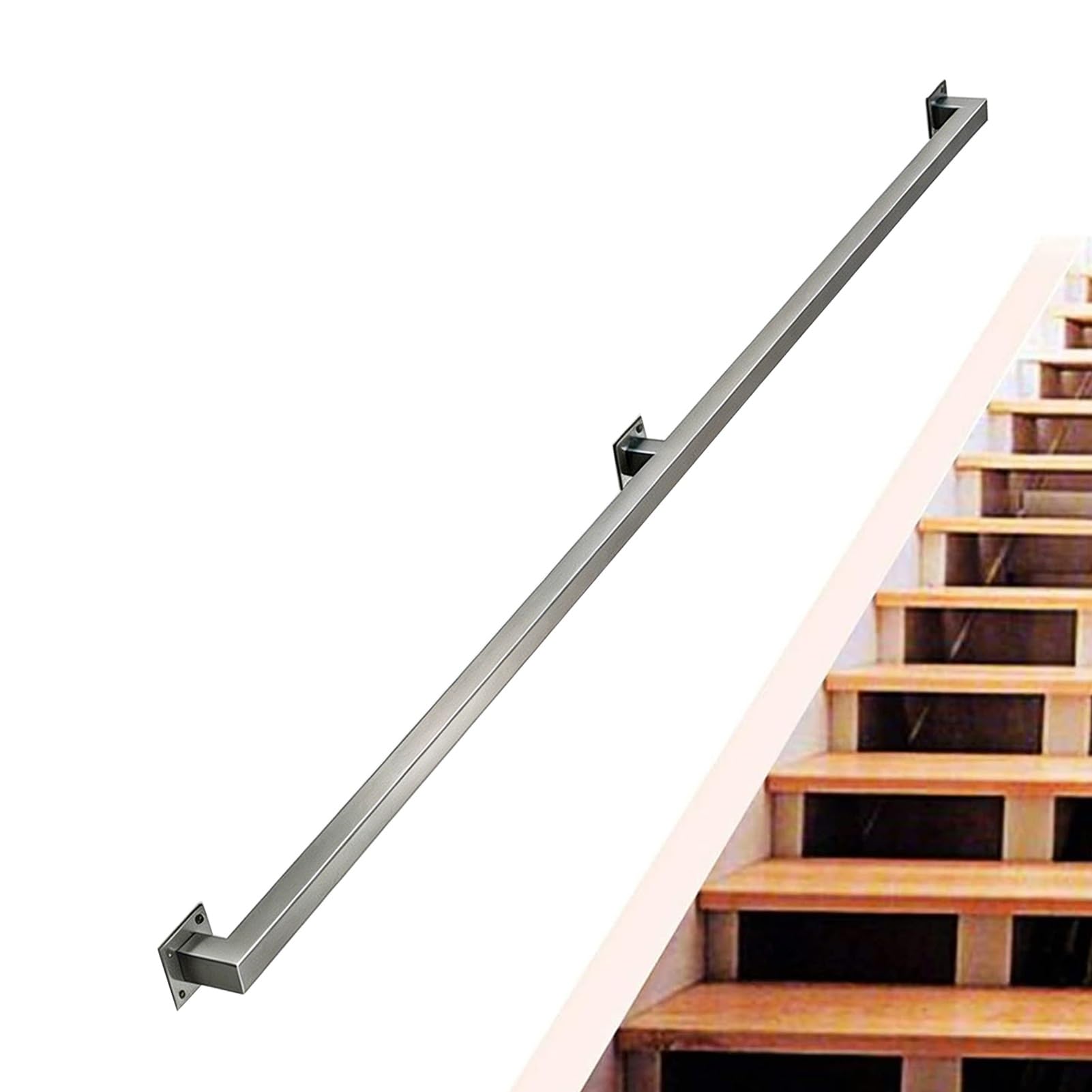 Stair Handrail for Wall Mounted, Silver Brushed Stainless Steel Square Pipe Grab Rail - Complete Kit, Non-Slip Banister Support Handle for Indoor Stairs & Outdoor Decks(16ft/4.8m)