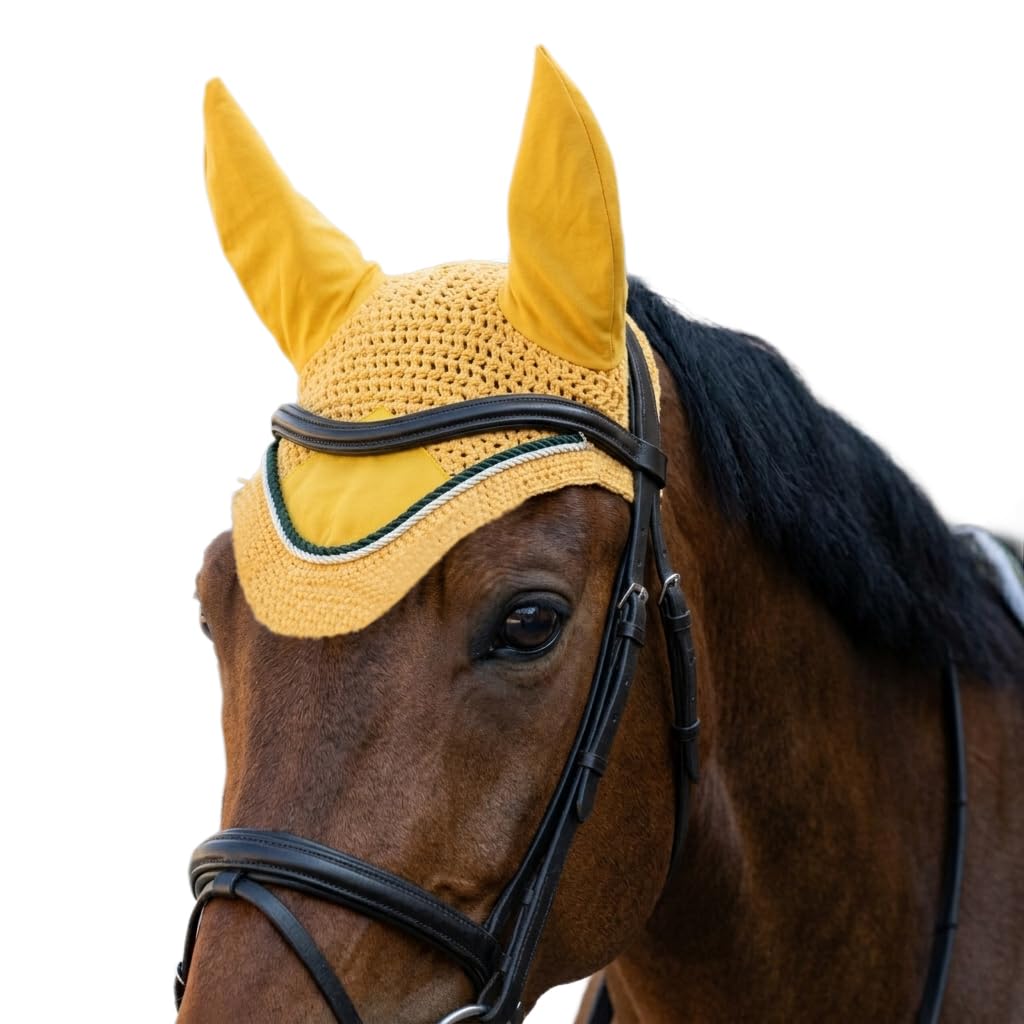 Spire Voile de protection pour cheval en coton respirant doux au crochet - Masque de protection contre les mouches (complet, jaune/noir/blanc)