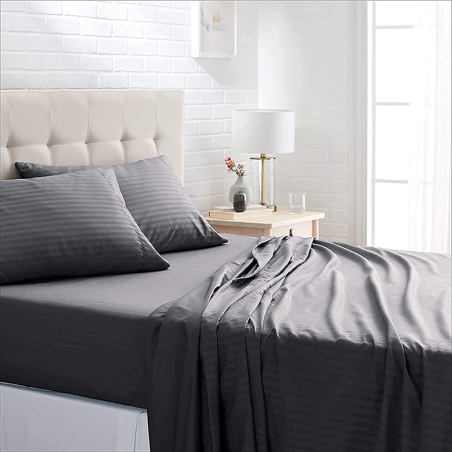 A Next StepGlace Cotton 240Tc Satin Stripe/Lines Plain Supersoft King Size Double Bed Bedsheet With 2 Pillow Cover- Bedsheet For Living Room, Bedsheet For Hotels, Bedsheet For Home Décor-108X108-Grey