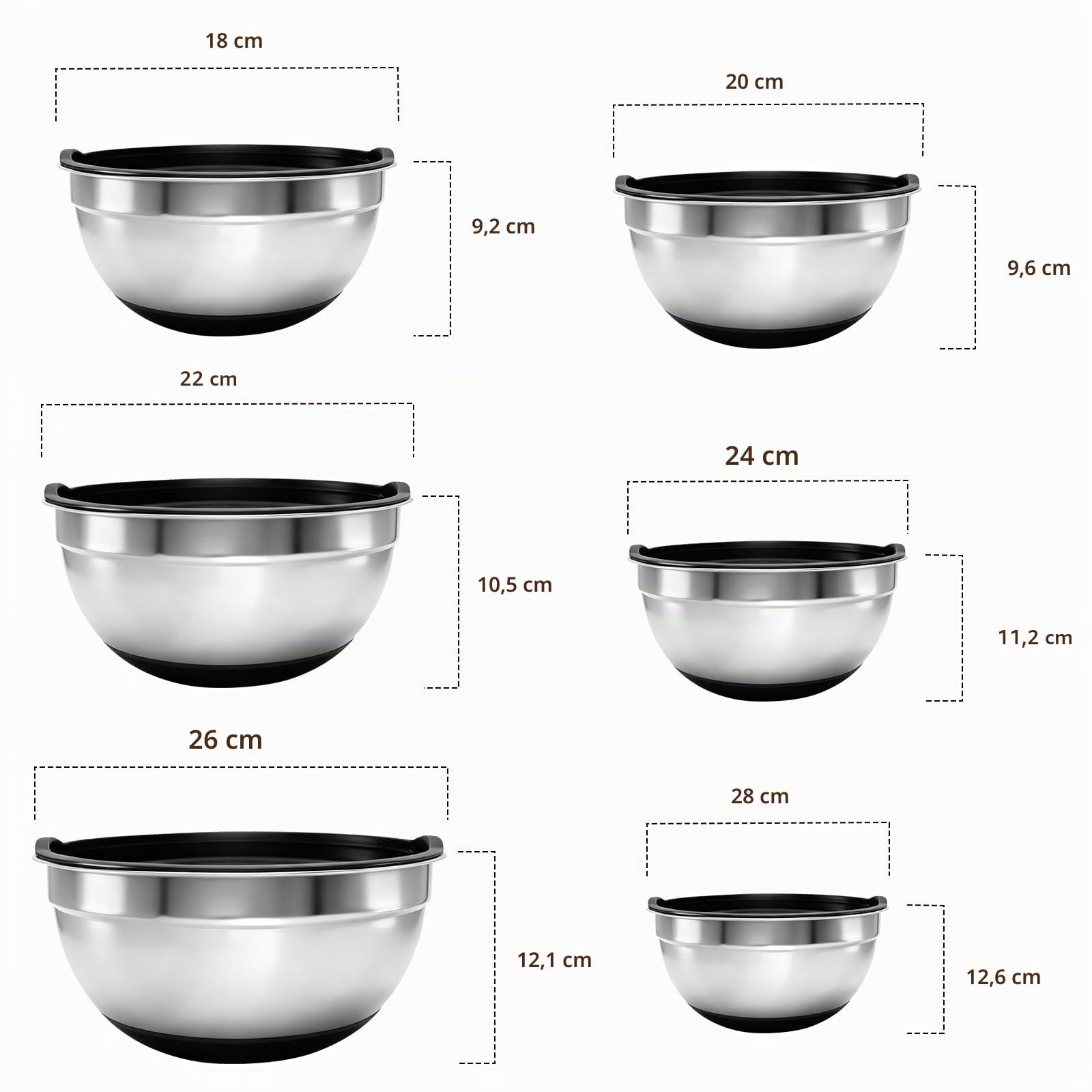 INMORVEN Edelstahl Schüssel Set mit Deckel - 6-teilige Rührschüsseln (0.96-4L) aus 18/10 Stahl, spülmaschinenfest & stapelbar für Küche & Aufbewahrung (Schwarz)