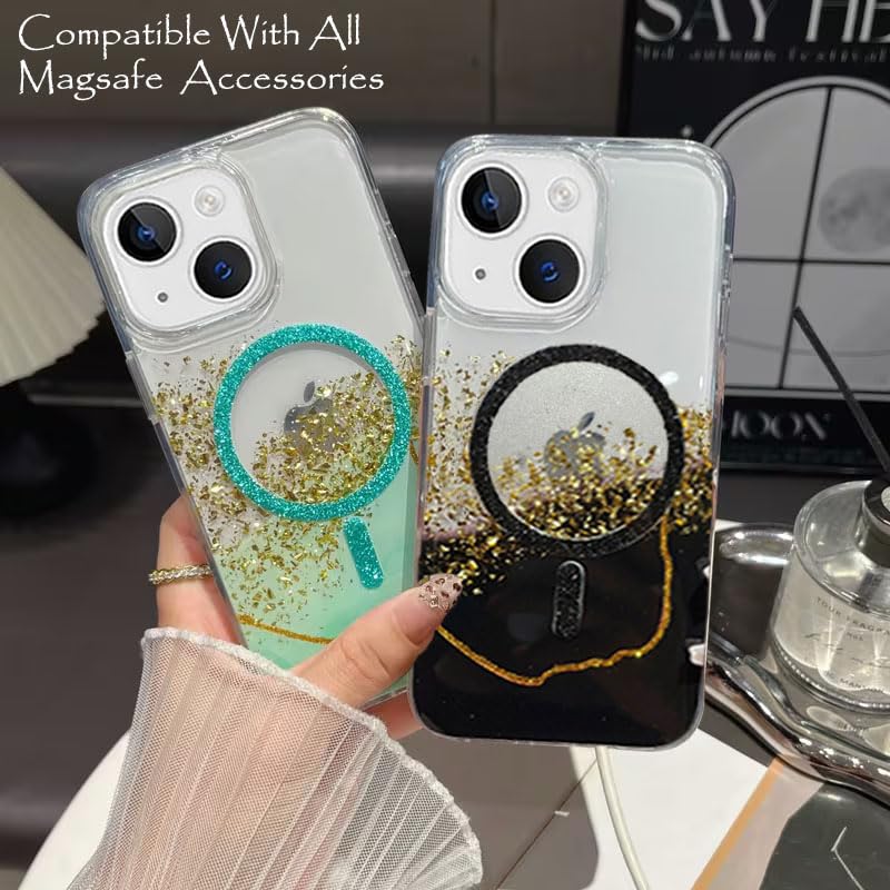 Image of mobistyle Compatible with iPhone 15 Plus | Magentic Glitter Gradian Elegant | Camera Lens Protection Back Cover Case for Women Girls iPhone 15 Plus (Green)