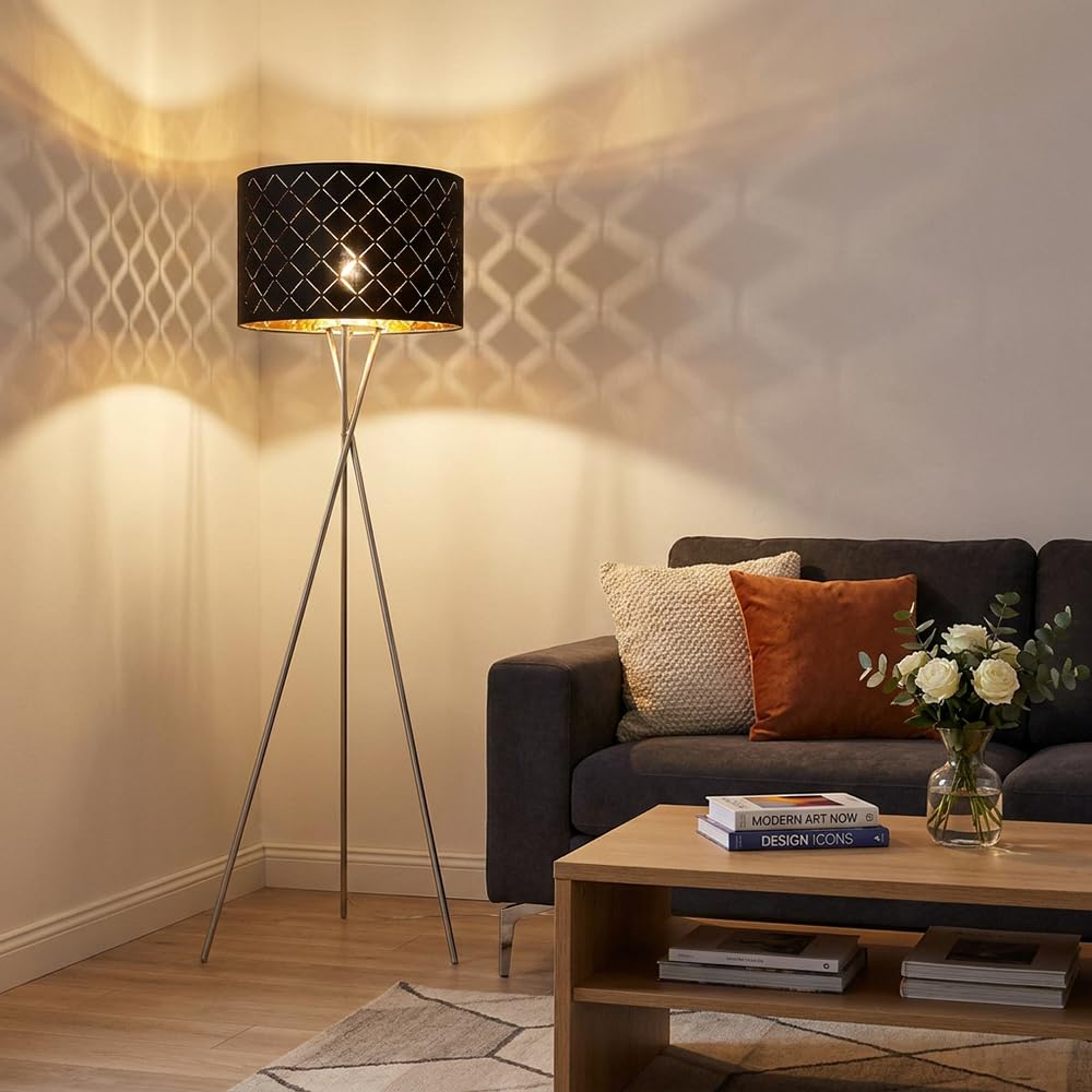 Stehlampe Textilschirm schwarz gold Beistellleuchte 3 Bein Stativleuchte Textil, Nickel matt, E27 Fassung, DxH 62x158 cm
