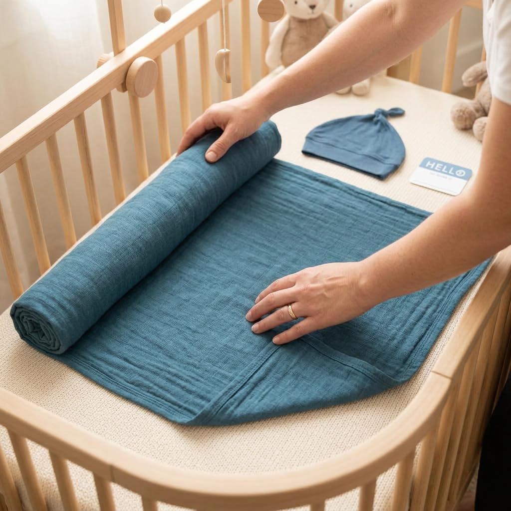 Lulujo Set aus Babymütze und Wickeldecke, ultraweiche Mütze, seidig weicher Bambus-Musselin-Wickeltuch, Neugeborene, Mädchen und Jungen, Marineblau